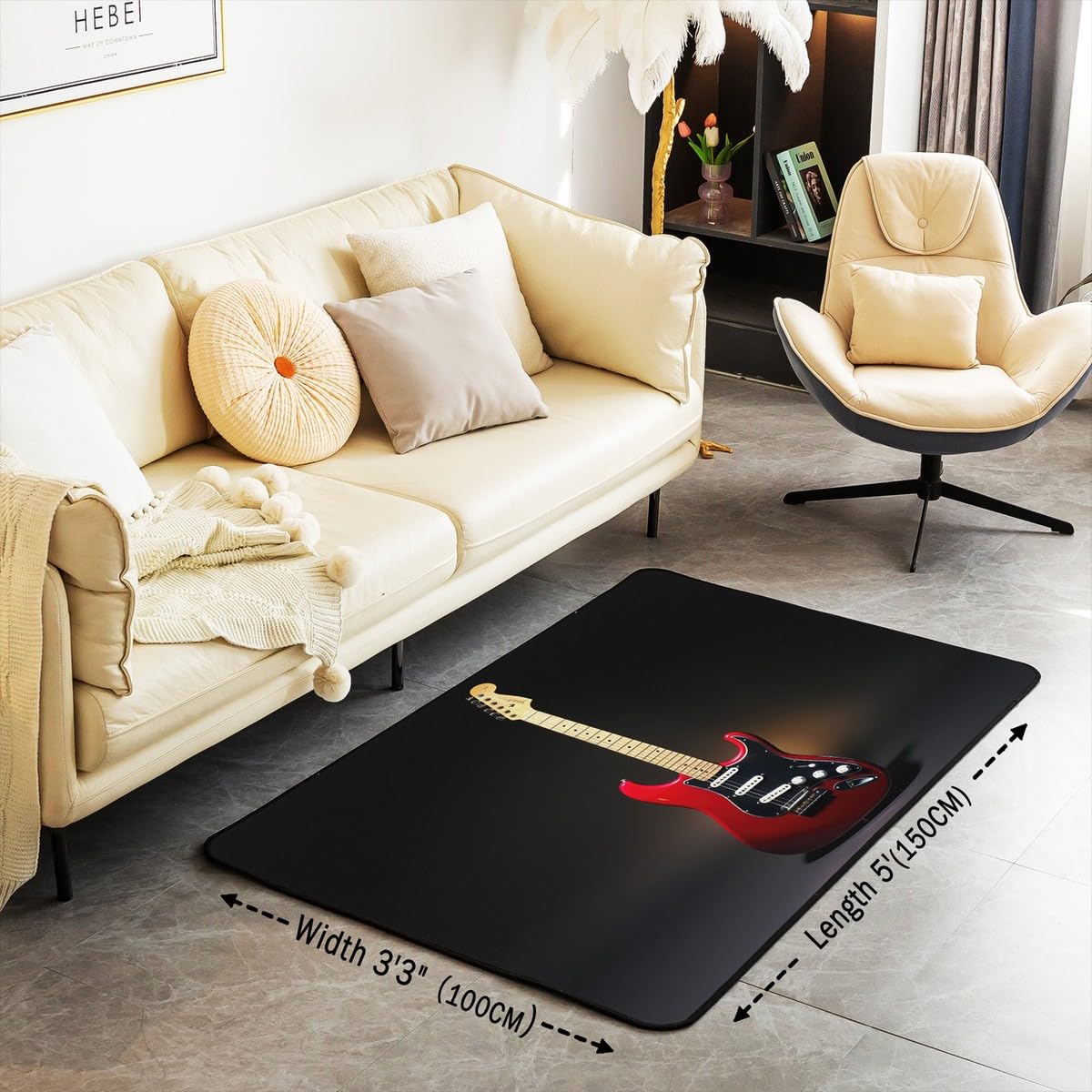 Homewish Alfombra de guitarra de 100 x 150 cm, decoración de dormitorio, temática de música pop, alfombra decorativa de instrumentos musicales 3D para niñas, niños, adolescentes y jóvenes