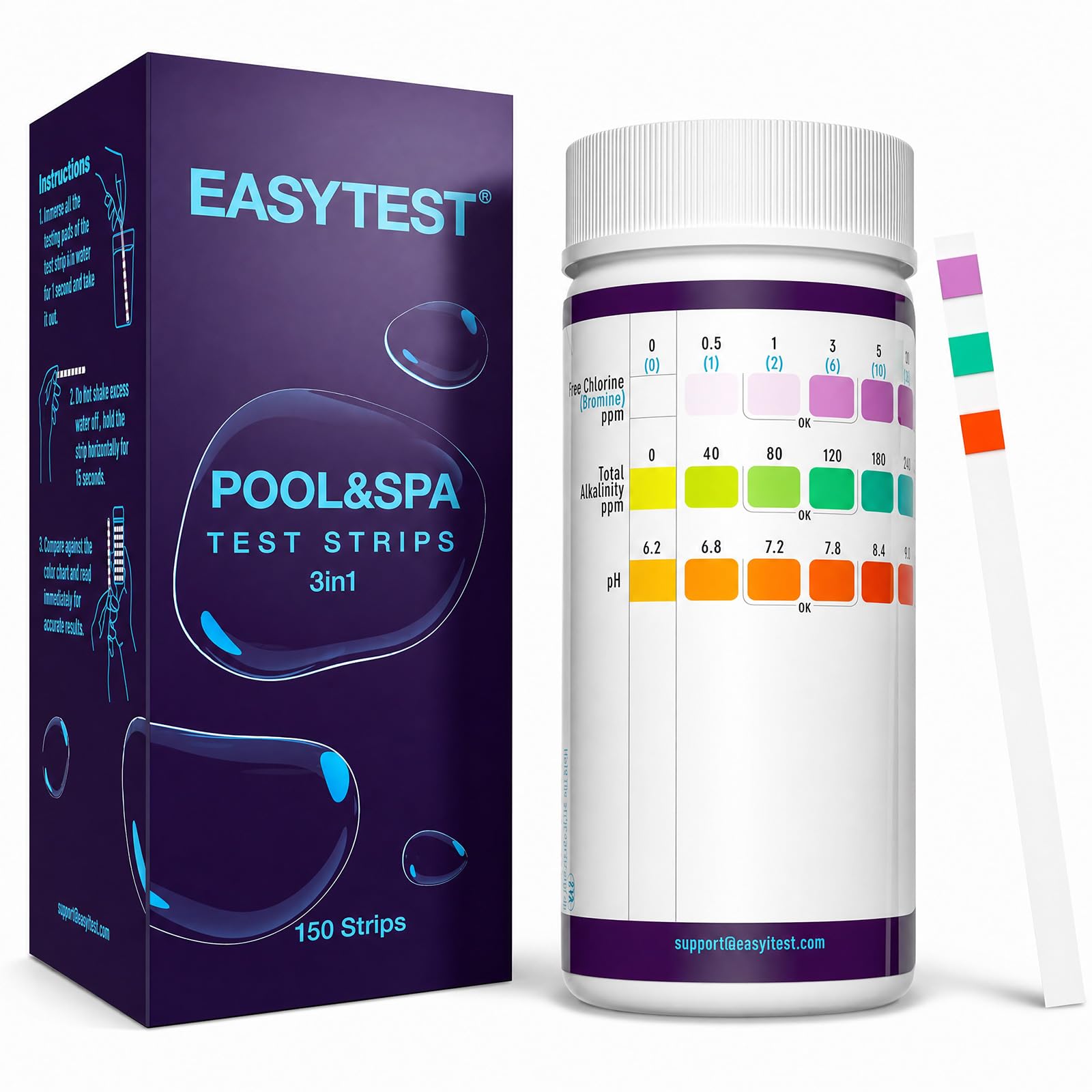 EASYTEST 3-in-1 Pool Teststreifen für Spa, 150 Stäbchen pH Wert Teststreifen Wassertest-Set Genauer Tester für freies Chlor, Brom, Alkalinität