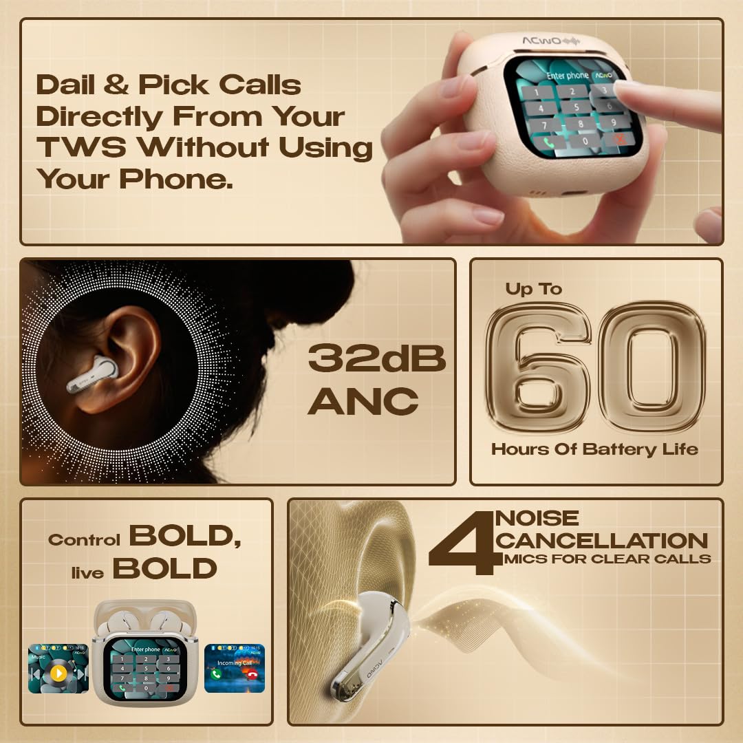 ACwO Dwots Bold Wireless in Ear Earbuds|India'S 1St Smart 1.83" True HD Touch Display|ANC (32Db)|4 ENC Mics for Clear Calls|Find My Earphone|3D Spatial Sound|Quick Charge|60Hrs Playtime (Bold Grey) - 2