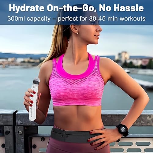 Miniatura 6 de Riñonera negra para correr para mujeres y hombres (23-33 pulgadas) con soporte para botella de agua, cintura de hidratación ajustable, bolsillo