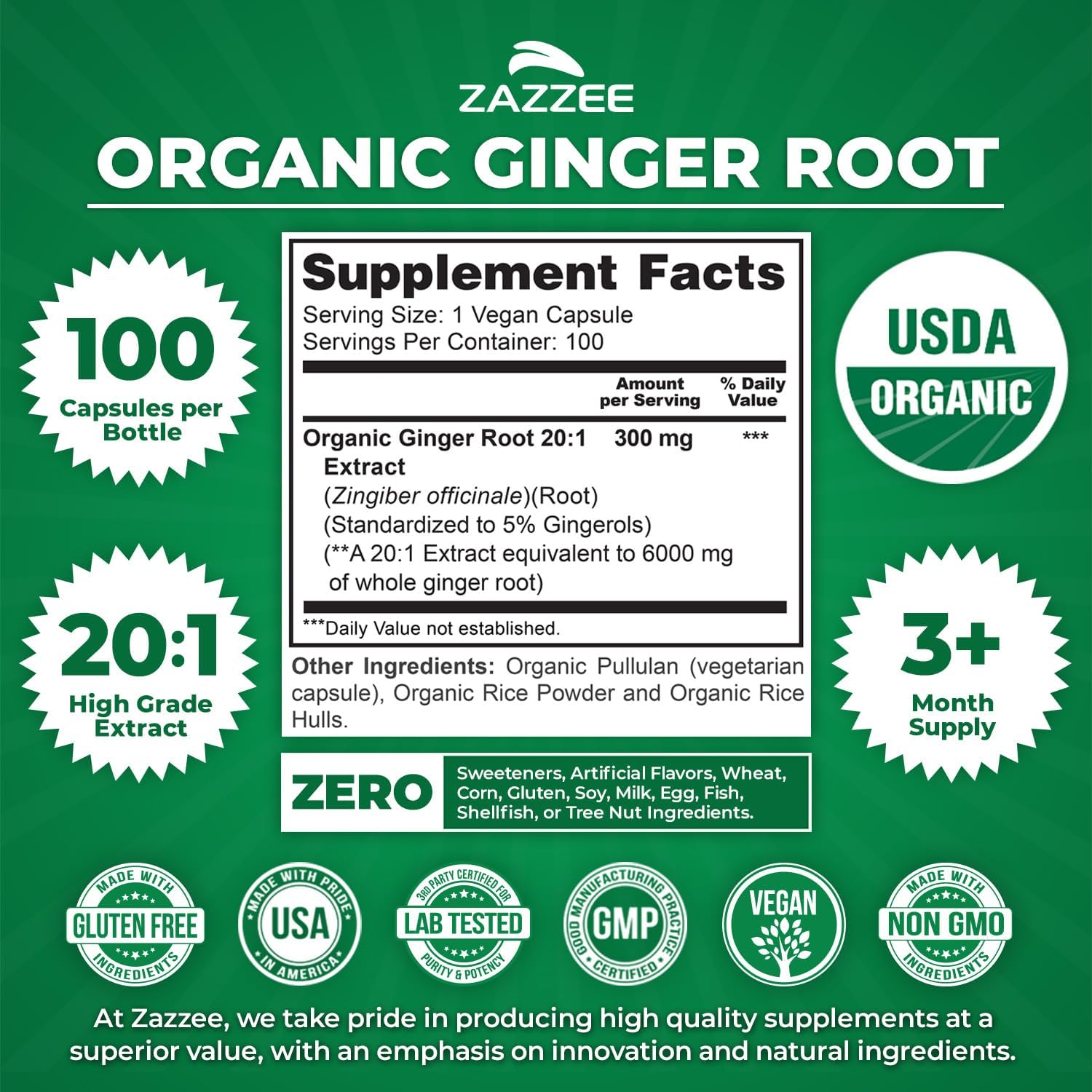 Zazzee USDA Organic Ginger Root 20:1 Extract, 5% Gingerols, 100 Vegan Capsules, 3+ Month Supply, Zingiber Officinale, Digestive & Stomach Support, All-Natural, Non-GMO, Made in the USA