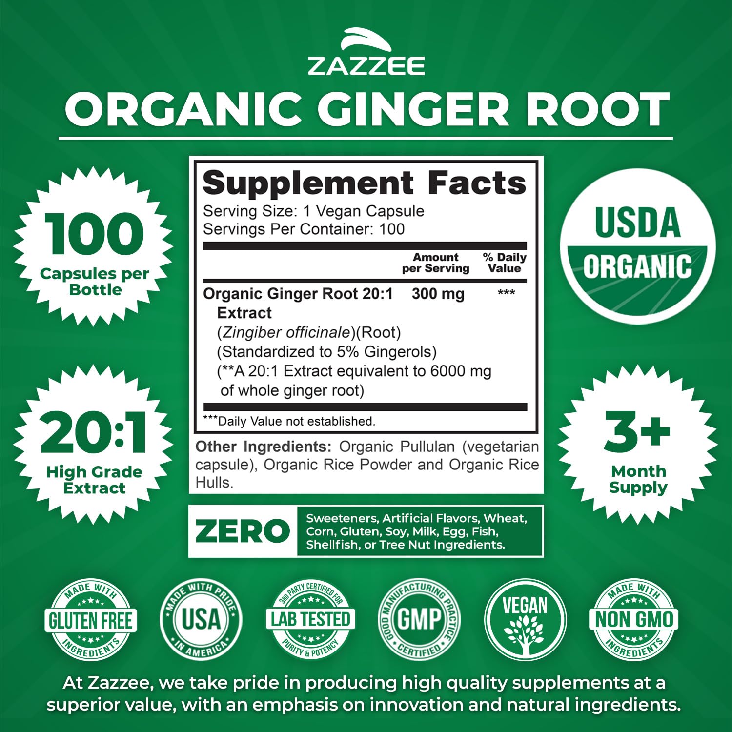 Zazzee USDA Organic Ginger Root 20:1 Extract, 5% Gingerols, 100 Capsules — Amazon image 3