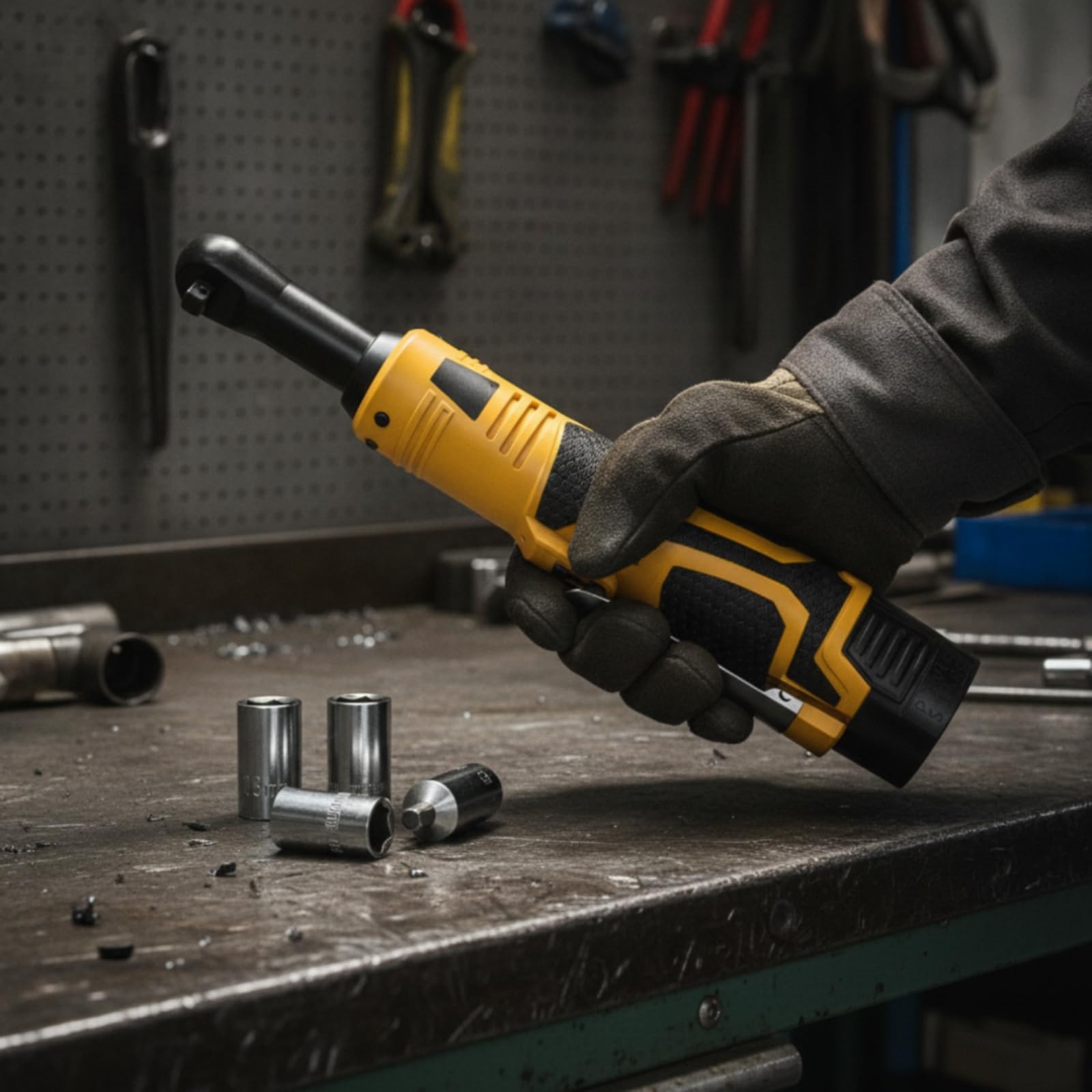 Ronyme Llave Carraca Eléctrica Inalámbrica con Cabezal Articulado para Reparación Automotriz y Proyectos Bricolaje con Estuche Transporte Rígido y Dos Baterías Litio, Amarillo