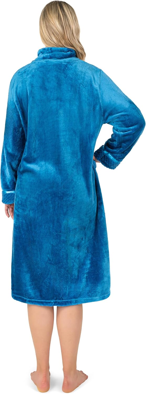 Blue Microfiber Fleece Long Sleeve Zip Robe with Pockets