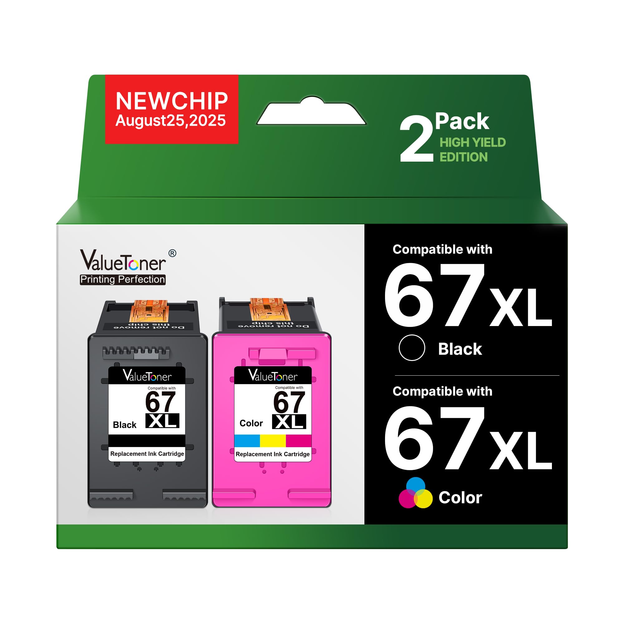 Valuetoner 67XL Ink Cartridges Replacement for HP 67 XL Ink Cartridges for HP67XL for HP Deskjet 2755e 2855e 2722e 4255e 2722 2755 4110e 4152e 4155e 2723e 1742e Envy 6455e 6052 6055 Printer (2 Pack)
