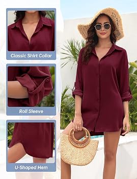 Robe De Plage Femme 100% Coton - Chemise Cover-Up Bikini Manches Courtes - Style Chic