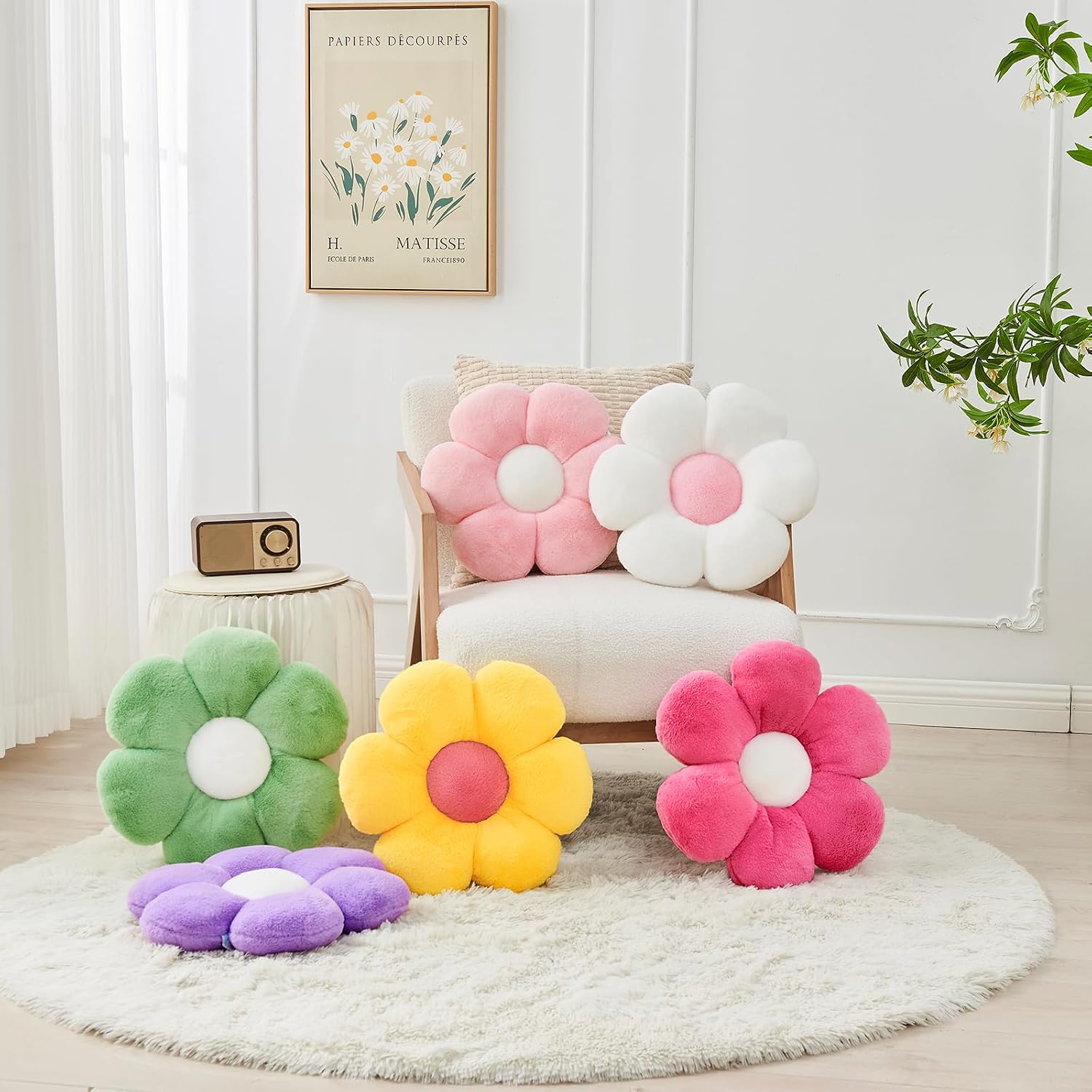 2 Pcs Flower Throw Pillow,15.7'' Daisy Shaped Pillows Set with Faux Rabbit Fur,Soft Flower Plush Throw Pillow Cushions for Bed Sofa Couch Home Decor (White+Pink)