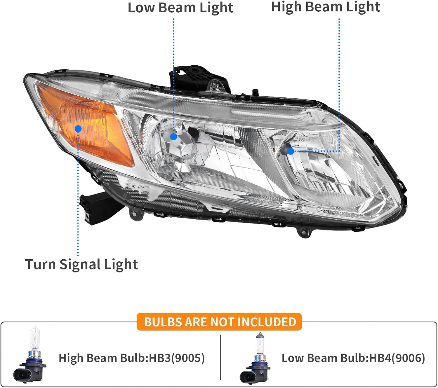 DWVO Headlights Assembly Compatible with 2012-2015 Civic Sedan 4-Door 2012-2013 Civic Coupe 2-Door OE Headlamp Chrome Housing Amber Reflector
