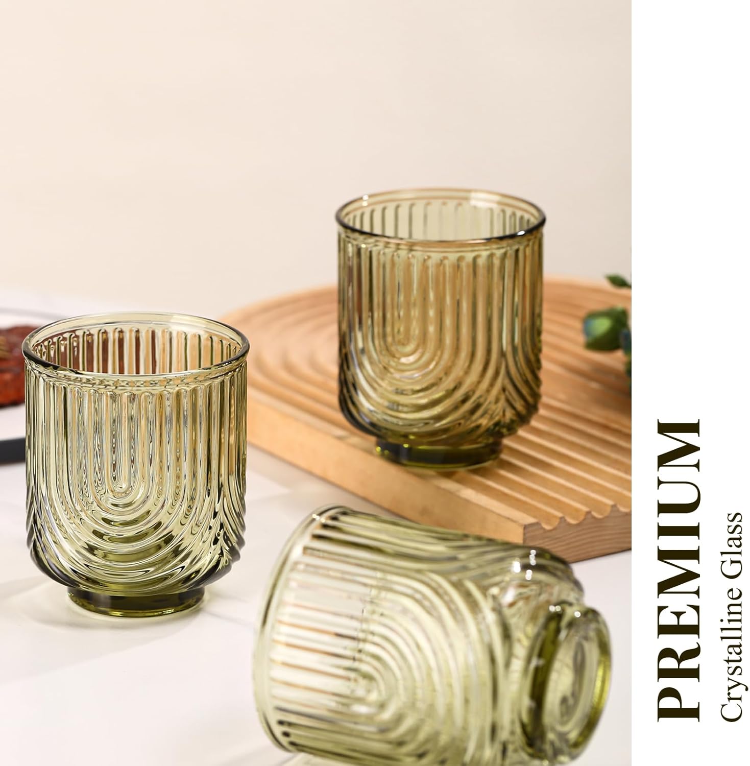 Green Vintage Drinking Glasses Set of 6-15oz Hand-Blown Highball Ribbed Glassware, Arch Design Cocktail Glasses for Whiskey Water Beverages Ice Coffee Juice Milk