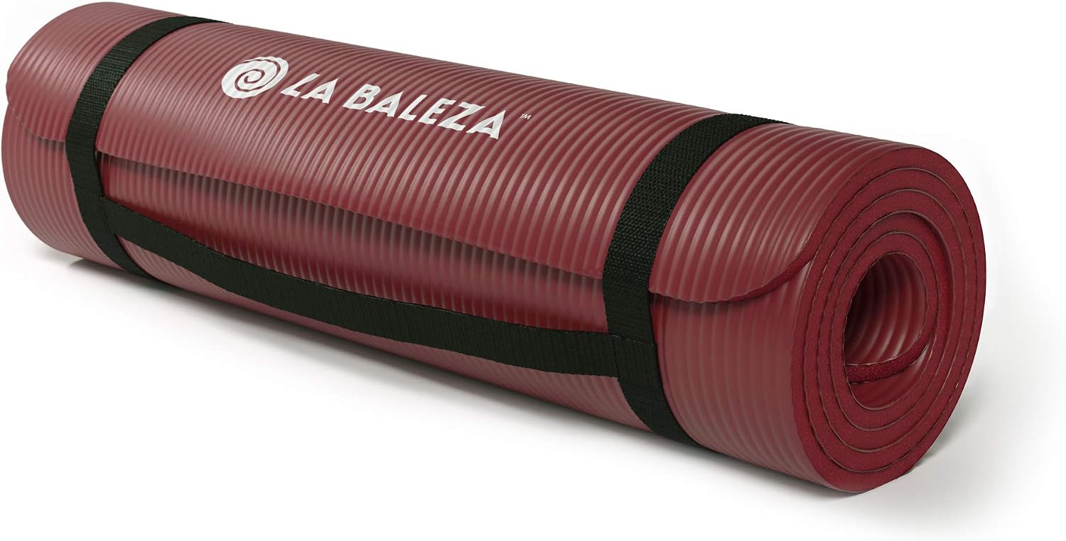 La Baleza Yoga Mat, 3/8 Inch ExtraThick Exercise Mat for Yoga, Pilates and Personal Fitness, Ridged Rubber Surface for Non-Slip Grip, Includes Carrying Travel Strap, Multiple Colors