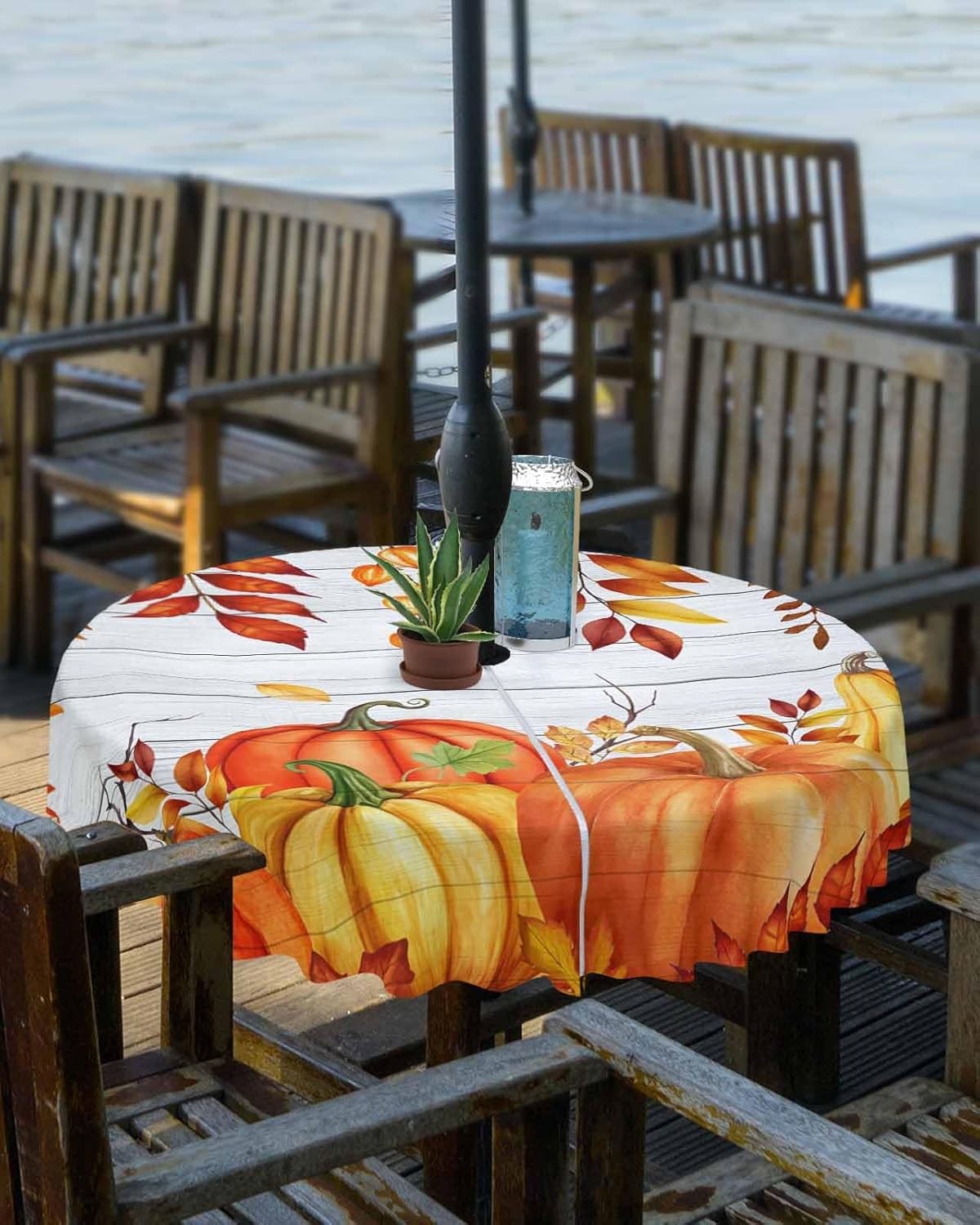 Burnt Orange Fall Outdoor Tablecloth with Umbrella Hole & Zipper, Maple Leaf Pumpkins Thanksgiving Round Tablecloth 60 Inch, Patio Table Cover Waterproof Table Cloth for Picnic/Party