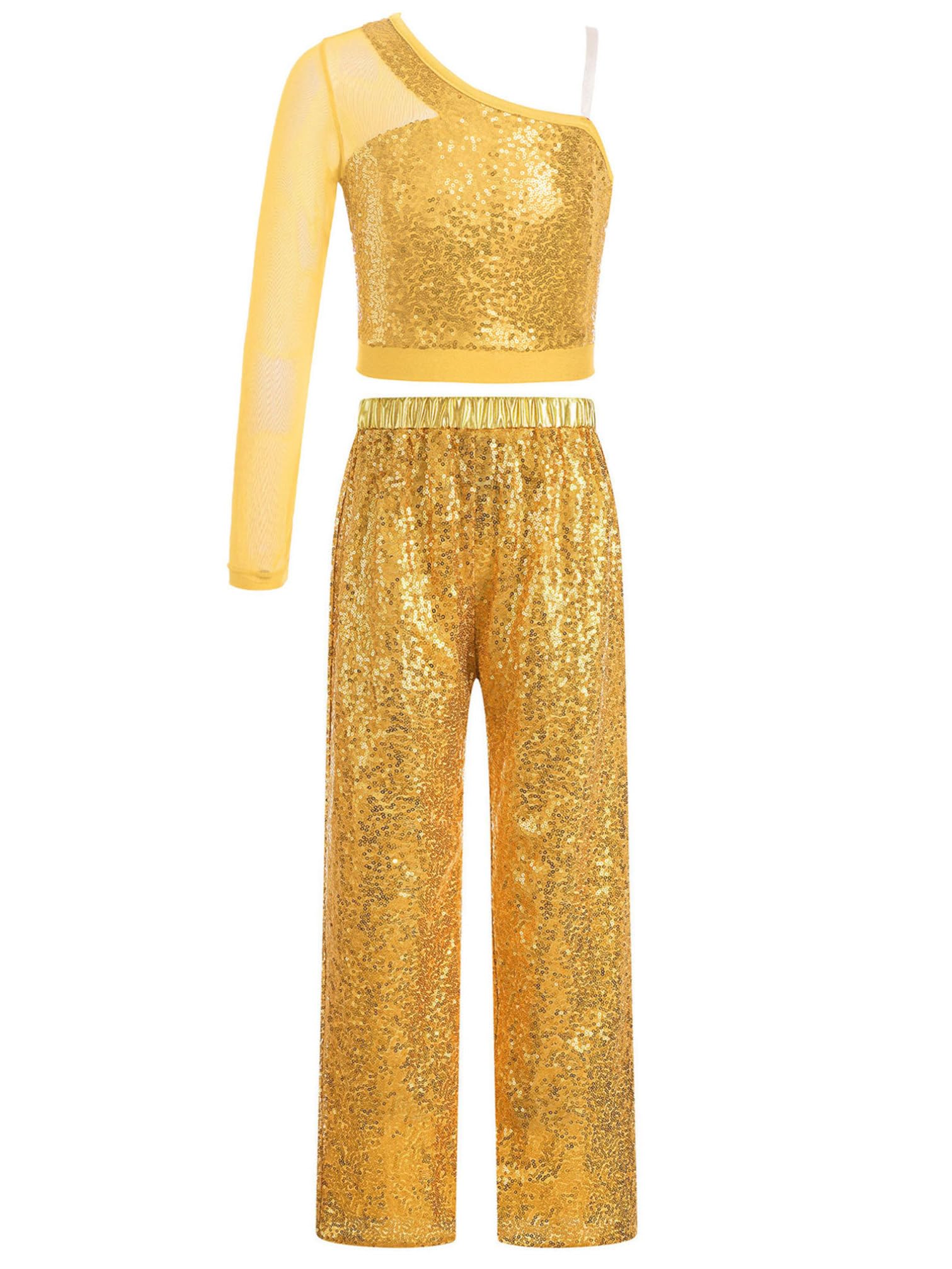 YiZYiF Costumi da Ballo Bambina Crop Top Danza Moderna Manica Lunga con Pantaloni Scintillanti Hip Hop Tuta da Ginnastica