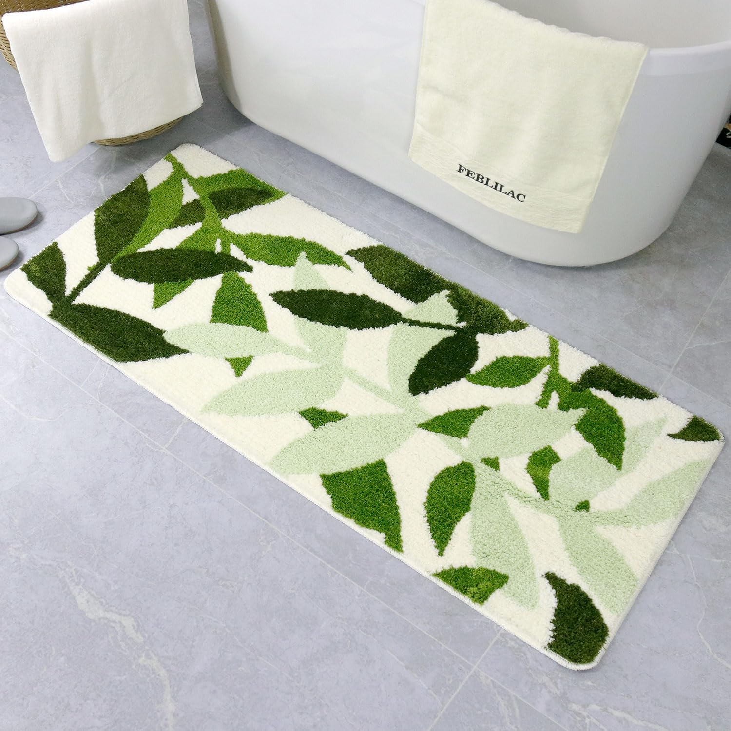 Leaves Bath Runner Soft Thick Non Slip Bathroom Mat Green Leaf Soft Bath Rug for Shower Room Bedroom Absorbent Microfiber Floor Carpets, Machine Washable 20"x47"