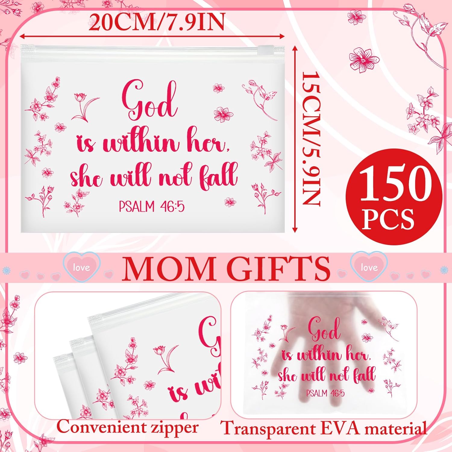 Kacctyen 150 Pack Woman of Faith EVA Bags Gift Bulk God Is Within Her She Will Not Fall Church Woman Party Favor Mom Group Mother's Day Christian Reusable Clear Pouches with Zipper Waterproof Bag
