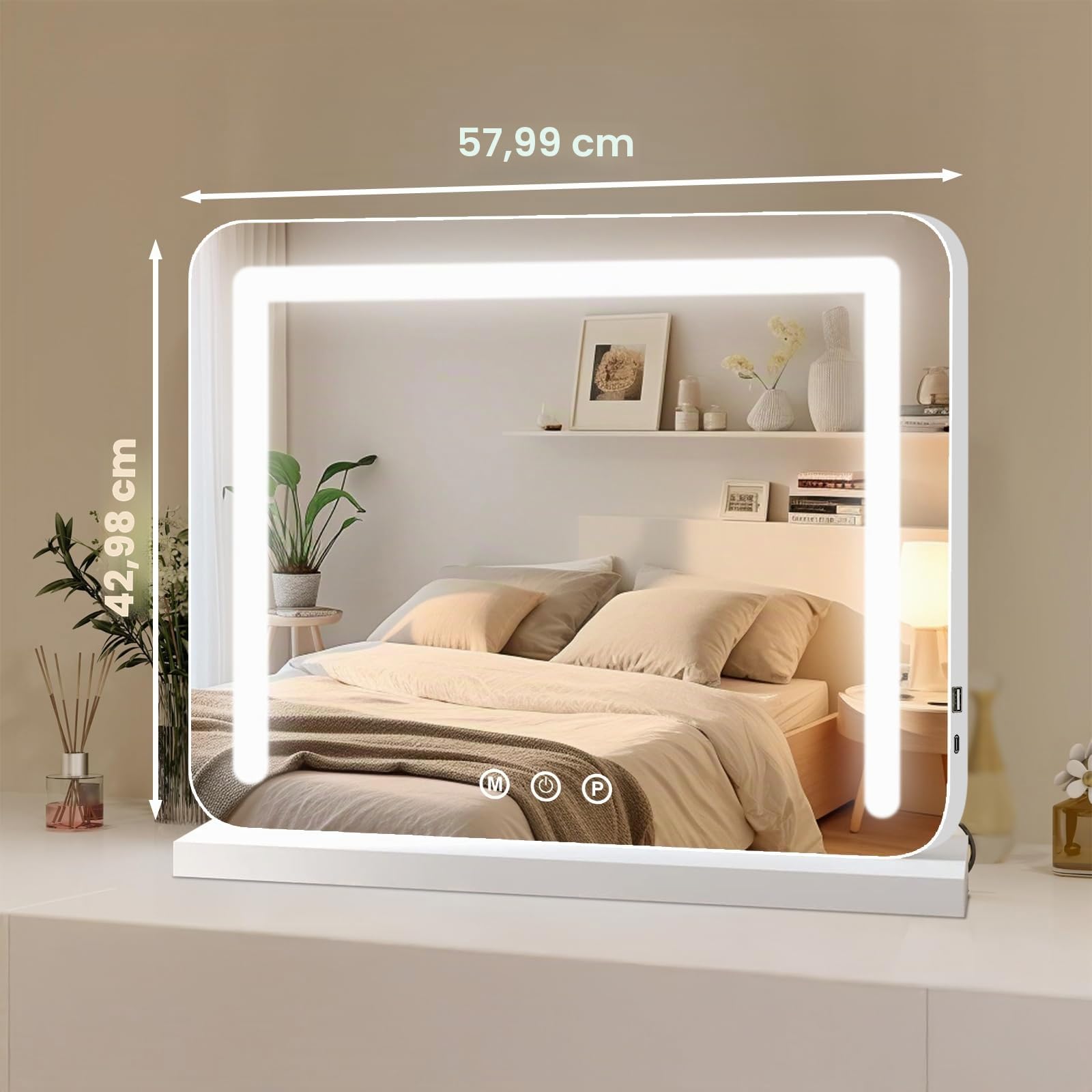 Specchio Trucco con Luci, 58x43cm Hollywood Specchio Trucco con Luce LED, Specchio da Tavolo con Controllo Tattile e 3 Modalità di Illuminazione - Vanity Mirror Make Up