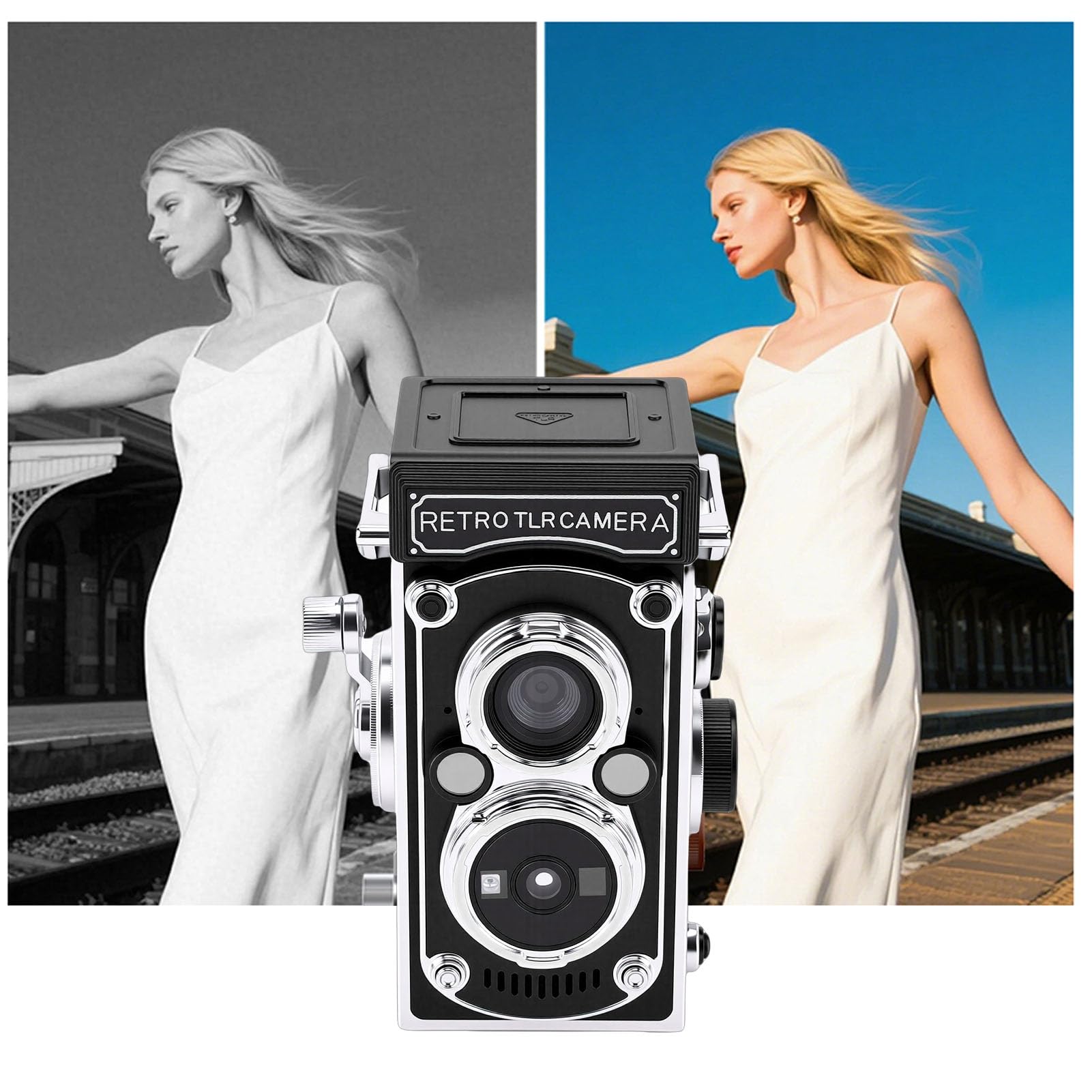 Cámara Digital Vintage 24M 2.7K Enfoque automático Estilo TLR Cámara portátil Viaje Grabación Diaria (Negra)