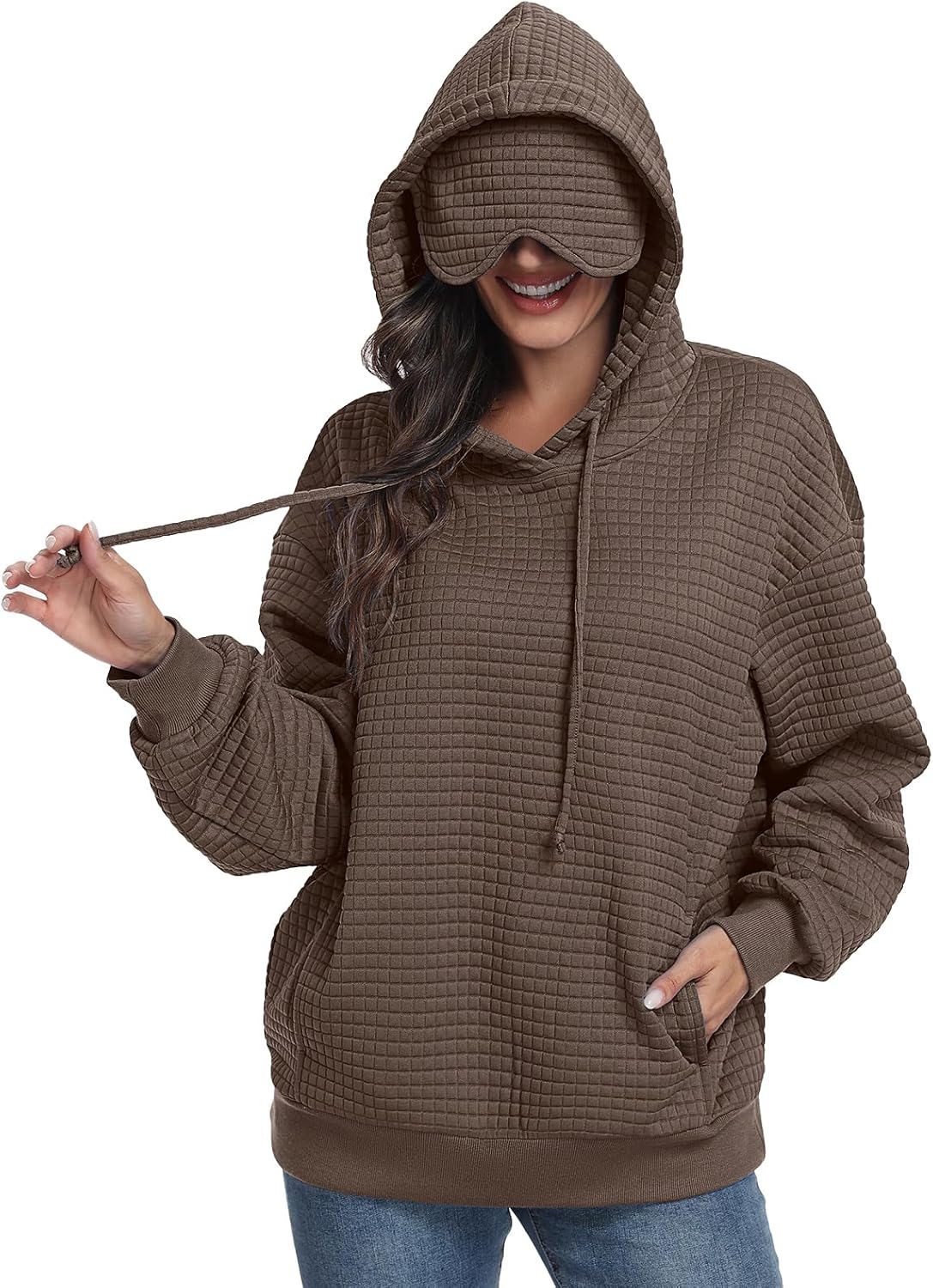 SeSe Code Hoodie With Eye Mask Waffle Hooded Sweatshirts Womens Travel Airplane Sleep Hoodies Mens Oversized Pullover
