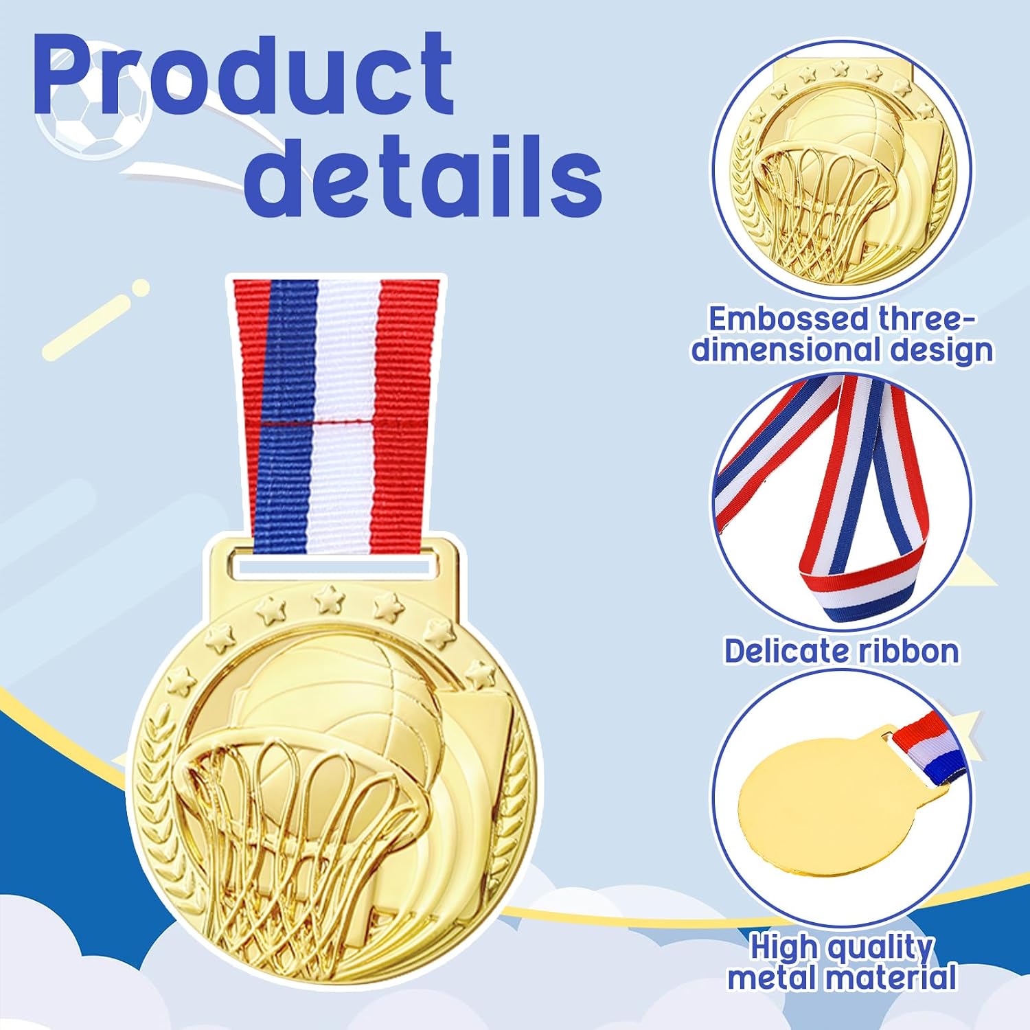 Cunno 24 Pcs Gold Award Medals 2'' Basketball Soccer Medals with Ribbon Trophy Awards for Sports Team Competition Participation Winner Gift