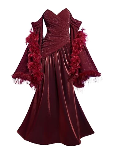 miccostumes Women's Costume Superhero Cosplay Wine Red Gown Off the Shoulder Dress with Faux Fur Collar Scarf Wrap and Mask - Red - Large