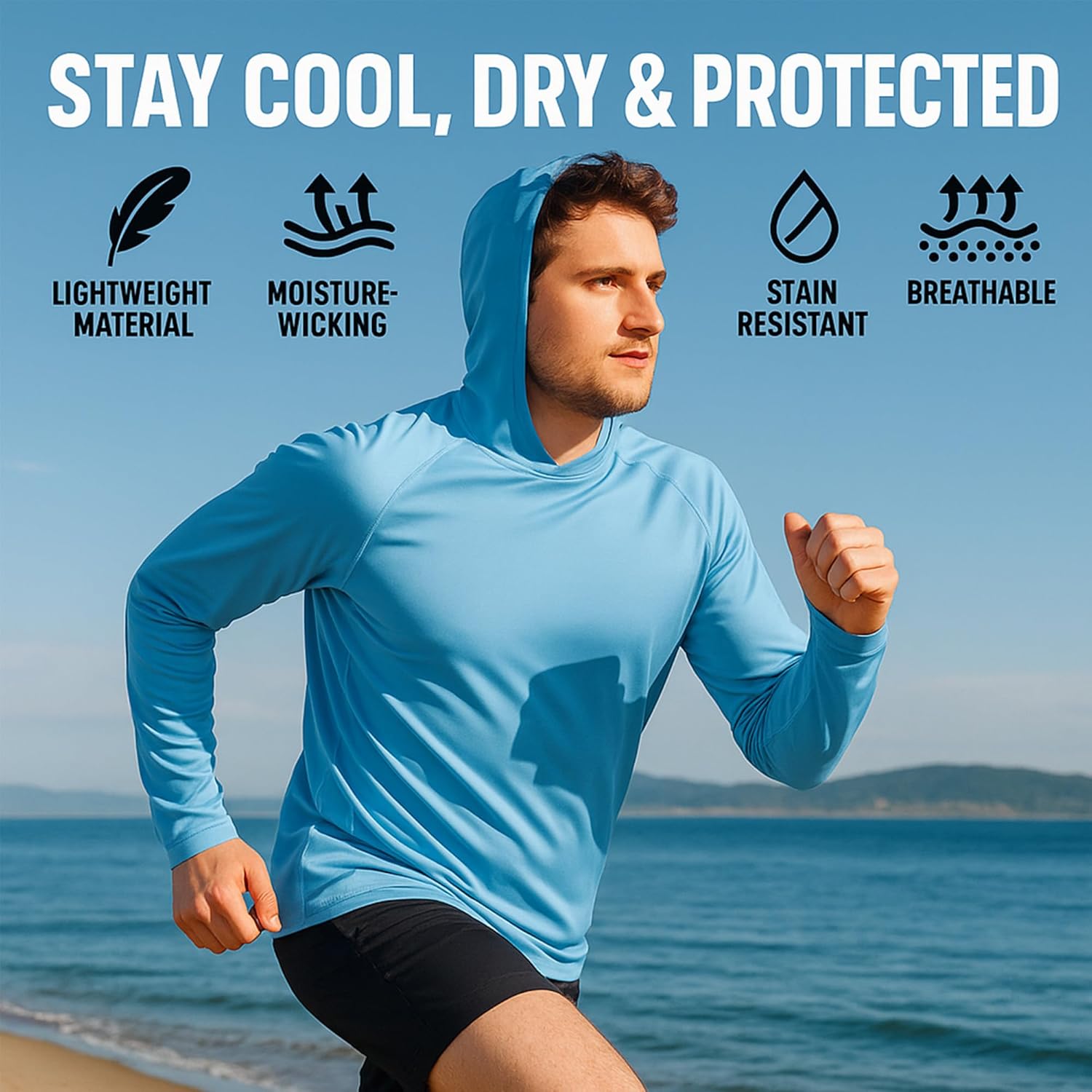 Men's Performance Fishing Hoodie Shirt Long Sleeves 100% Polyester Quick Dry, Lightweight, Breathability