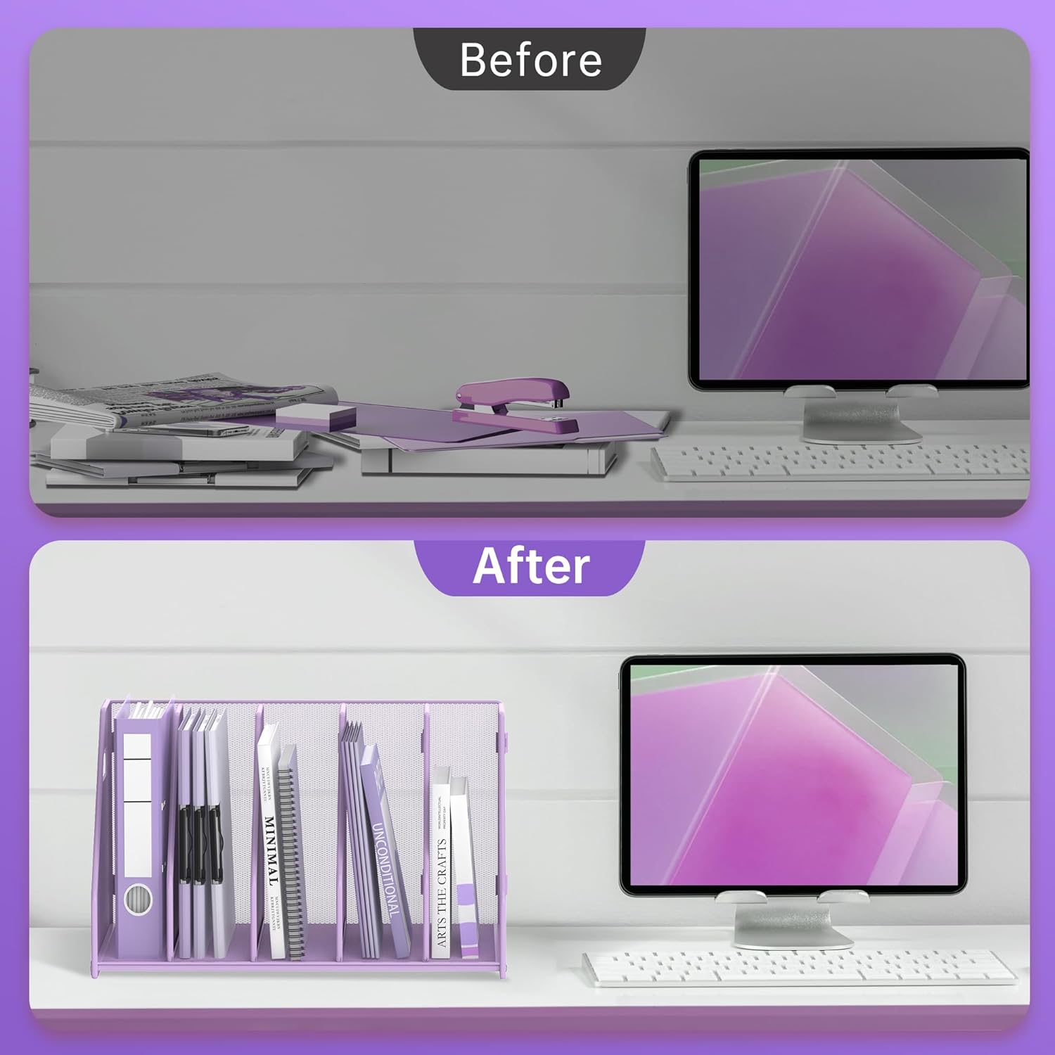 SUPEASY Binder Organizer, Magazine File Holder with 5 Vertical Compartments Rack, Metal Desk File Organizer & Binder Holders, Magazine Organizers for Office Desktop, Home, School (Purple)