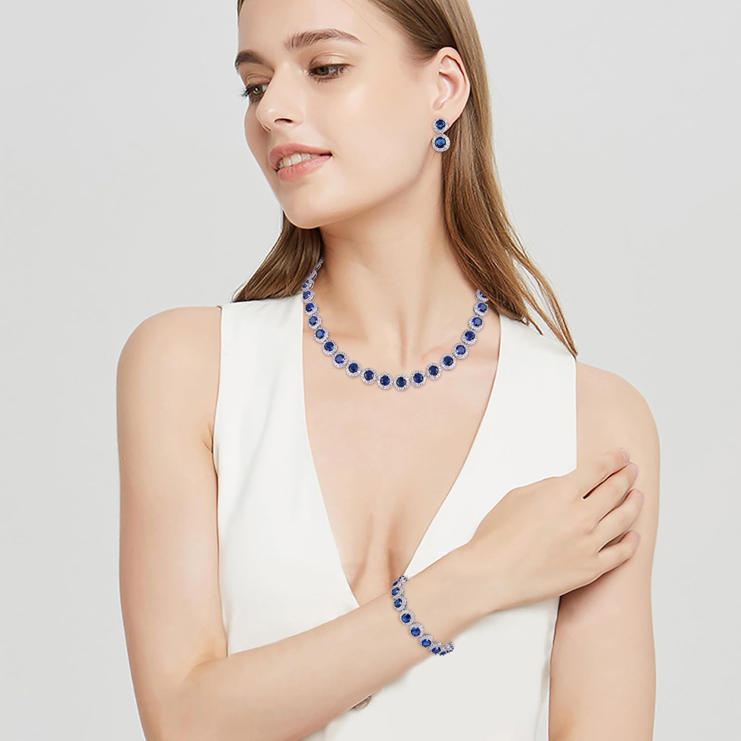 EVER FAITH Round Cut Cubic Zirconia Tennis Luxury Necklace Bracelet Earrings Set for Women - Image 3