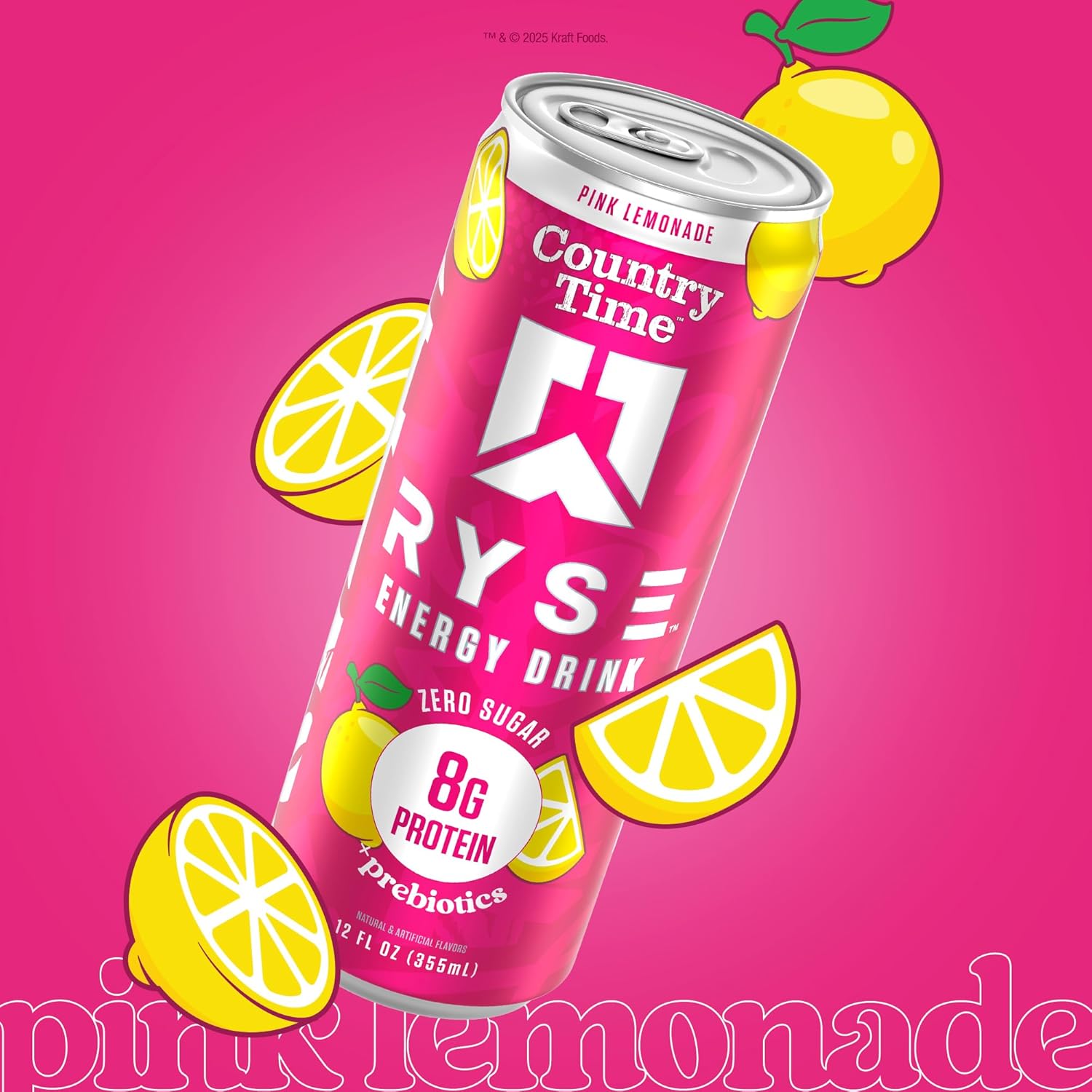 RYSE Functional Energy Drink - Country Time Pink Lemonade - 150mg Natural Caffeine, 8g Whey Protein & 1g Prebiotics - Sugar Free, Gut-Friendly, Bloat-Free - 12 fl oz Cans (12-Pack)