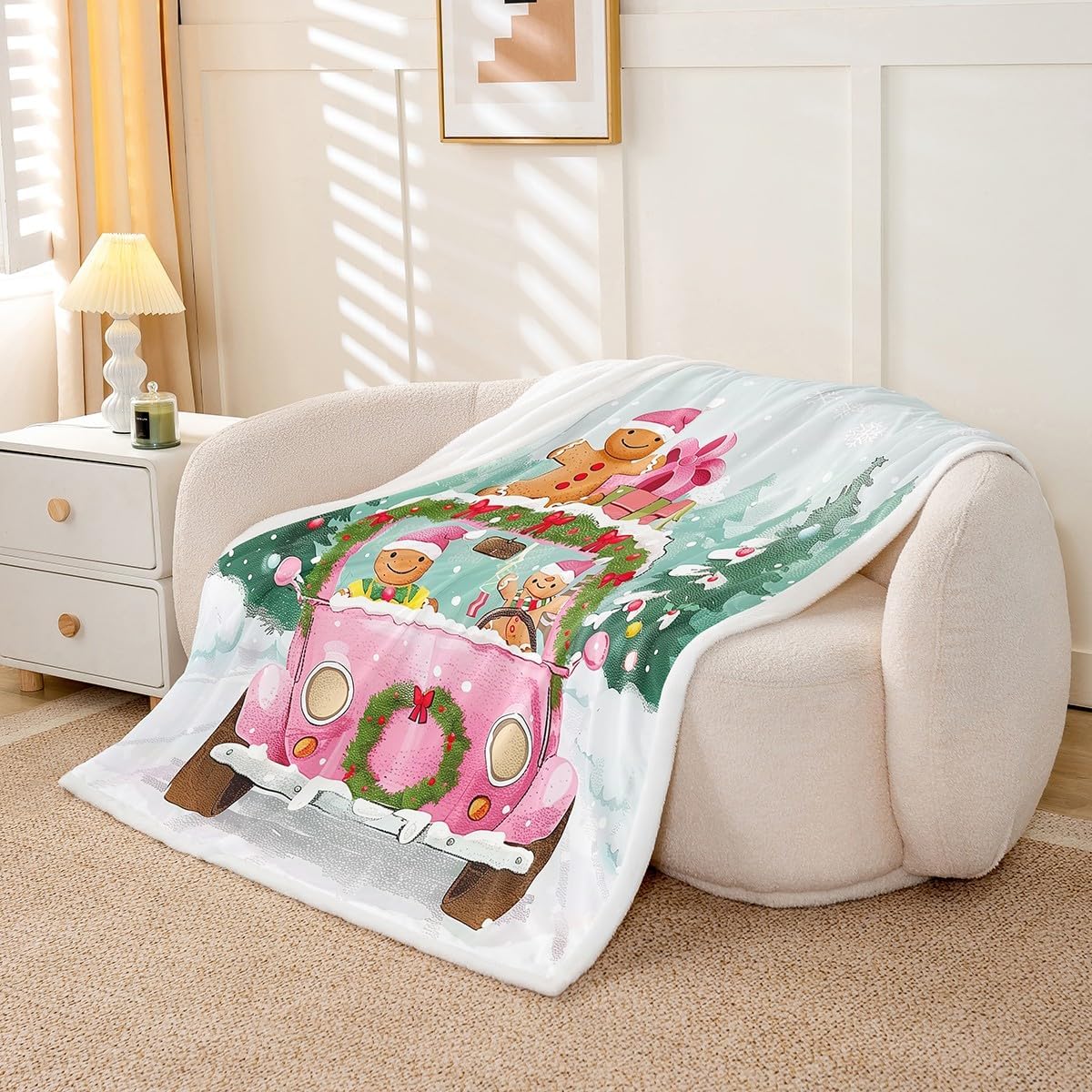 Feelyou Kids Christmas Theme Fleece Throw Blanket Throw 50"x60" Xmas Tree Truck Gingerbread Man Sherpa Blanket Plush Fuzzy for Boys Girls Happy New Year Winter for Bed Couch Chair Living Room