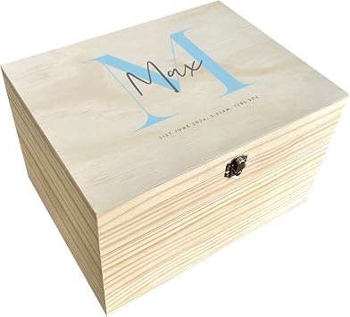 Personalised Baby Keepsake Box with Initial | Treasured Memories Gift Box for Newborns | Personalised Name and Date | Colour Options | Pine Box with Metal Hinges & Clasp | W26cm x D18.9cm x H15.5cm