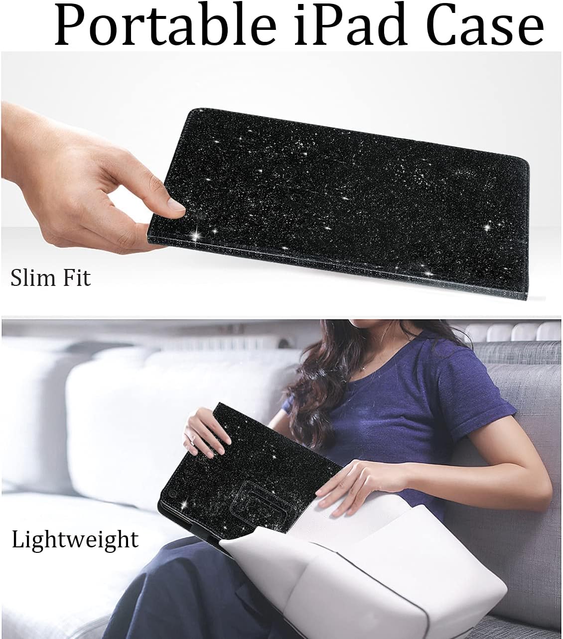 Creative Product iPad 8th Generation Case 10.2 2020, CLARKCAS Black Glitter Leather Smart Tablet Rugged Case Full Protective Cover Girly Case for iPad 10.2 2019 7th Generation, A2197, A2198, A2200