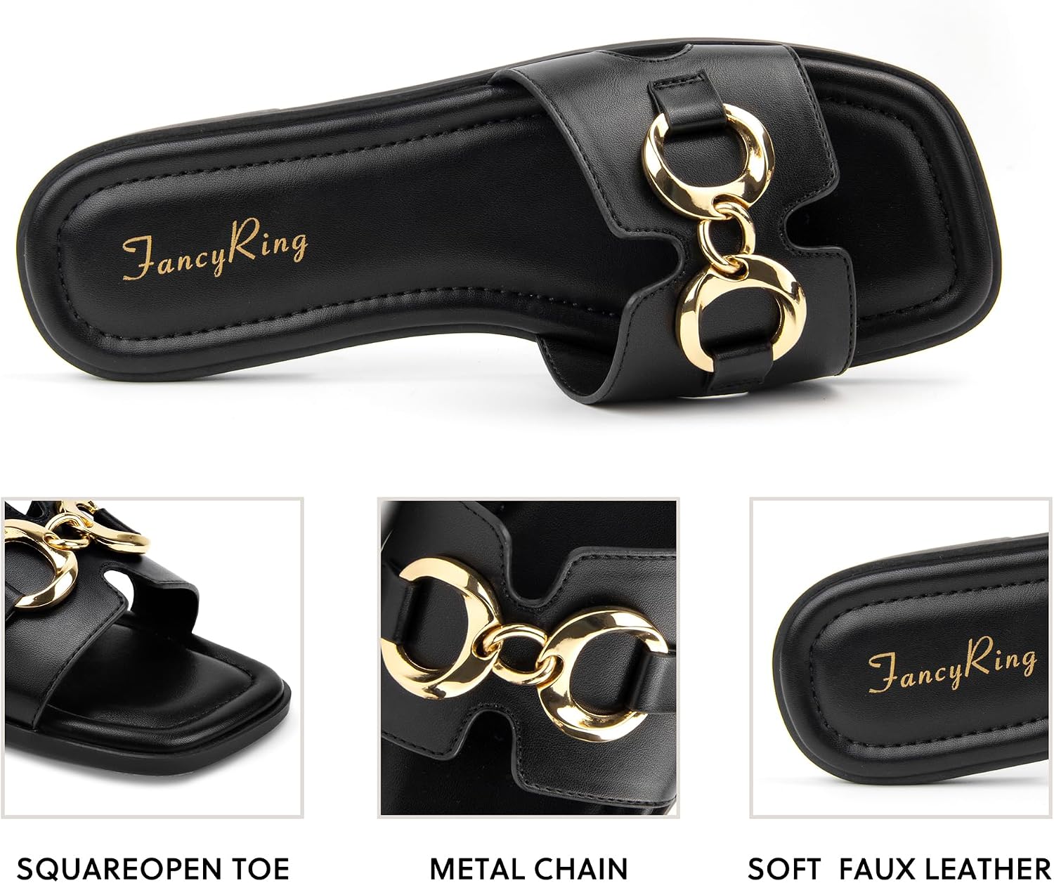 Women's Flat Sandals Metal Chain Slip On Dressy Slide Sandals Square Toe Summer Casual Beach Vacation H-Band Sandals