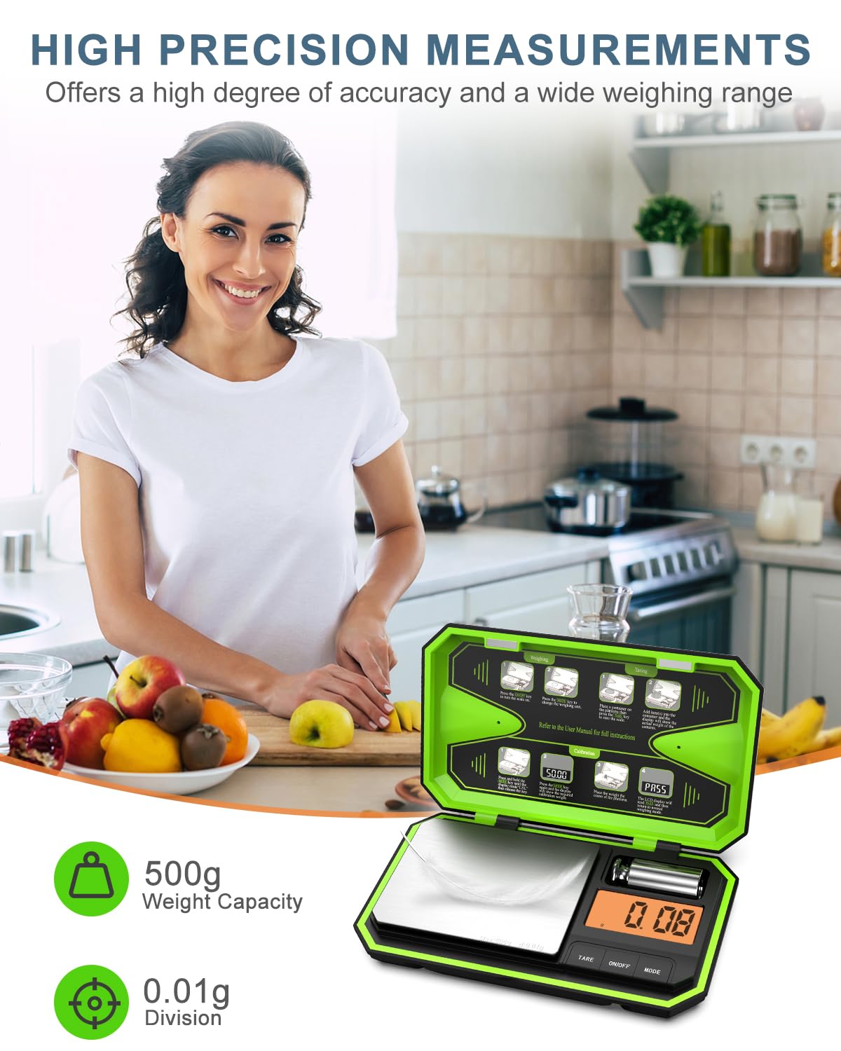 500g/0.01g High Precision Digital Scale, Mini Pocket & Kitchen Scale with 50g Calibration Weight, LCD Display, 6 Units, Tare Function for Food Coffee Jewelry Coin, Portable Gram Scale (Green)