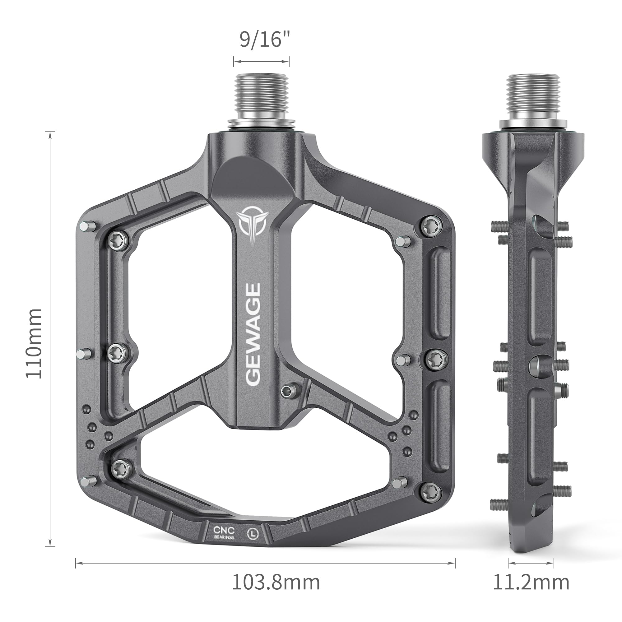 GEWAGE Pedales profesionales MTB – Aluminio CNC, sistema de 3 rodamientos con rodamientos grandes + rodamiento de agujas, 9/16 ″ Chromoly, diseño monobloque ultraplano, 14 pines, compacto