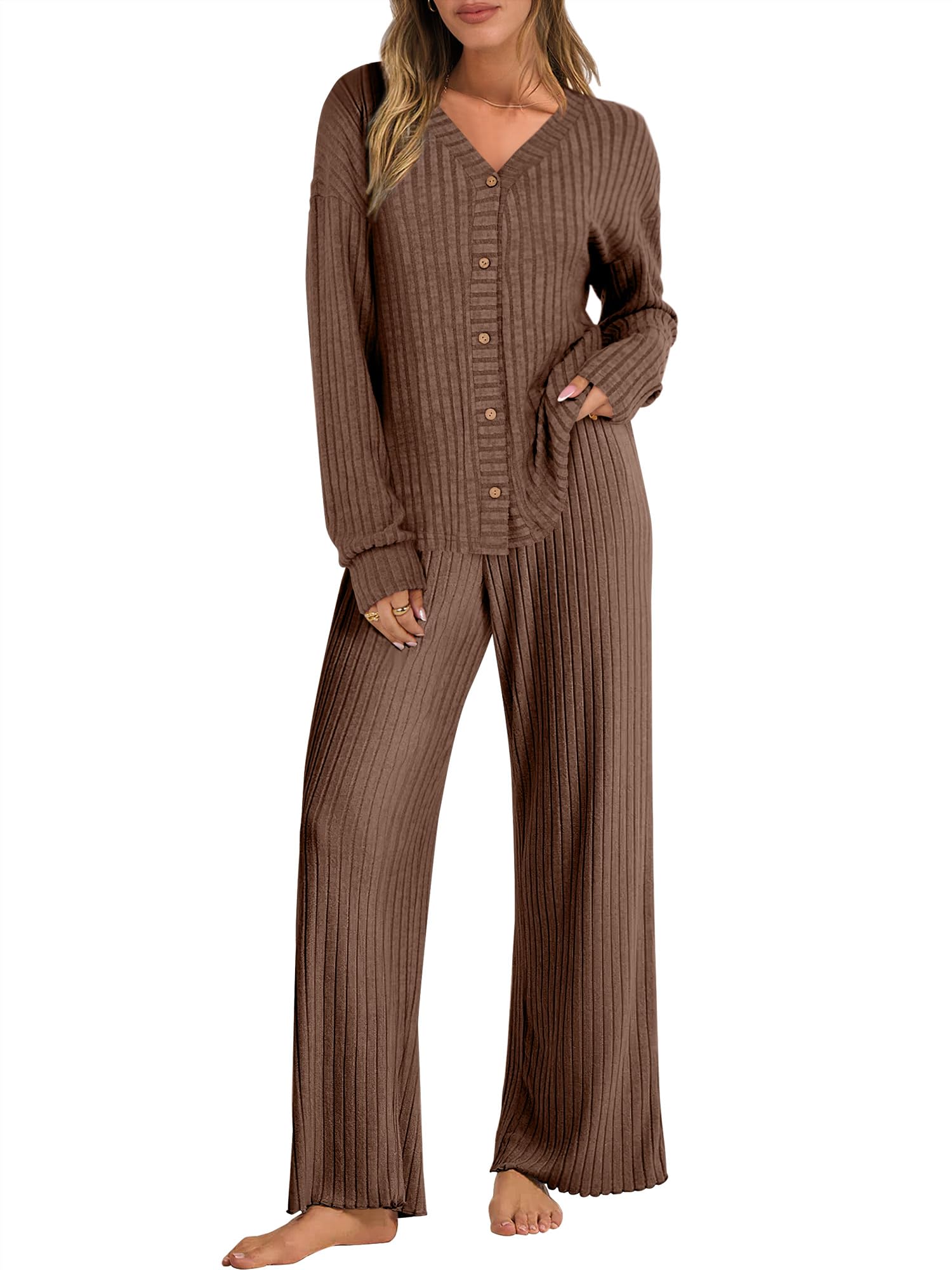 ANRABESS Womens Lounge Set 2 Piece Pajama Sets Ribbed Knit Matching Set | Soft Cozy Loungewear for Women, V Neck Top Wide Leg Pants, Fall Winter Sleepwear PJ Outfit, Comfy Cute Everyday Style