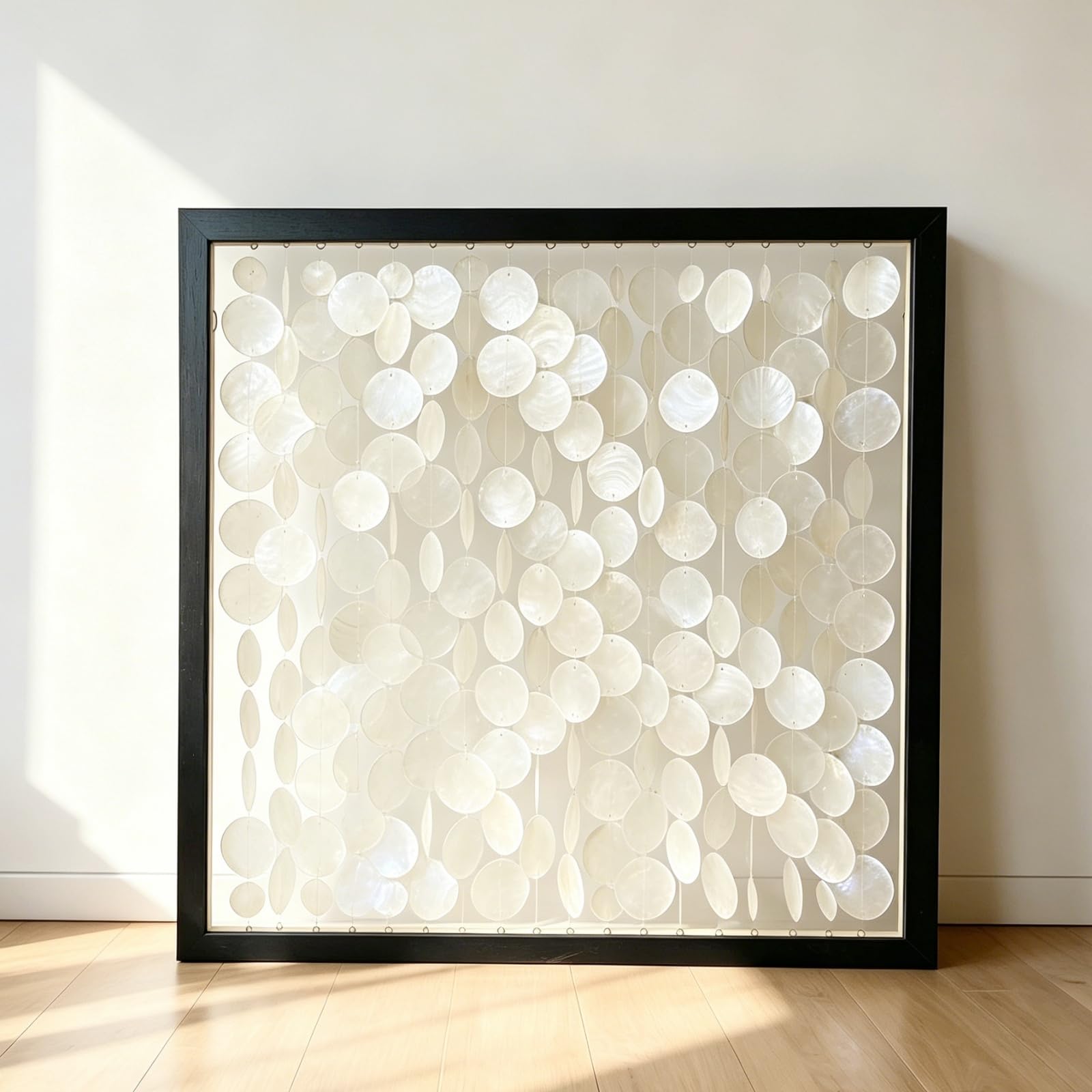 dhhouse 24"x24" handmade capiz shell wall art with black wood frame, coastal wall hanging decor
