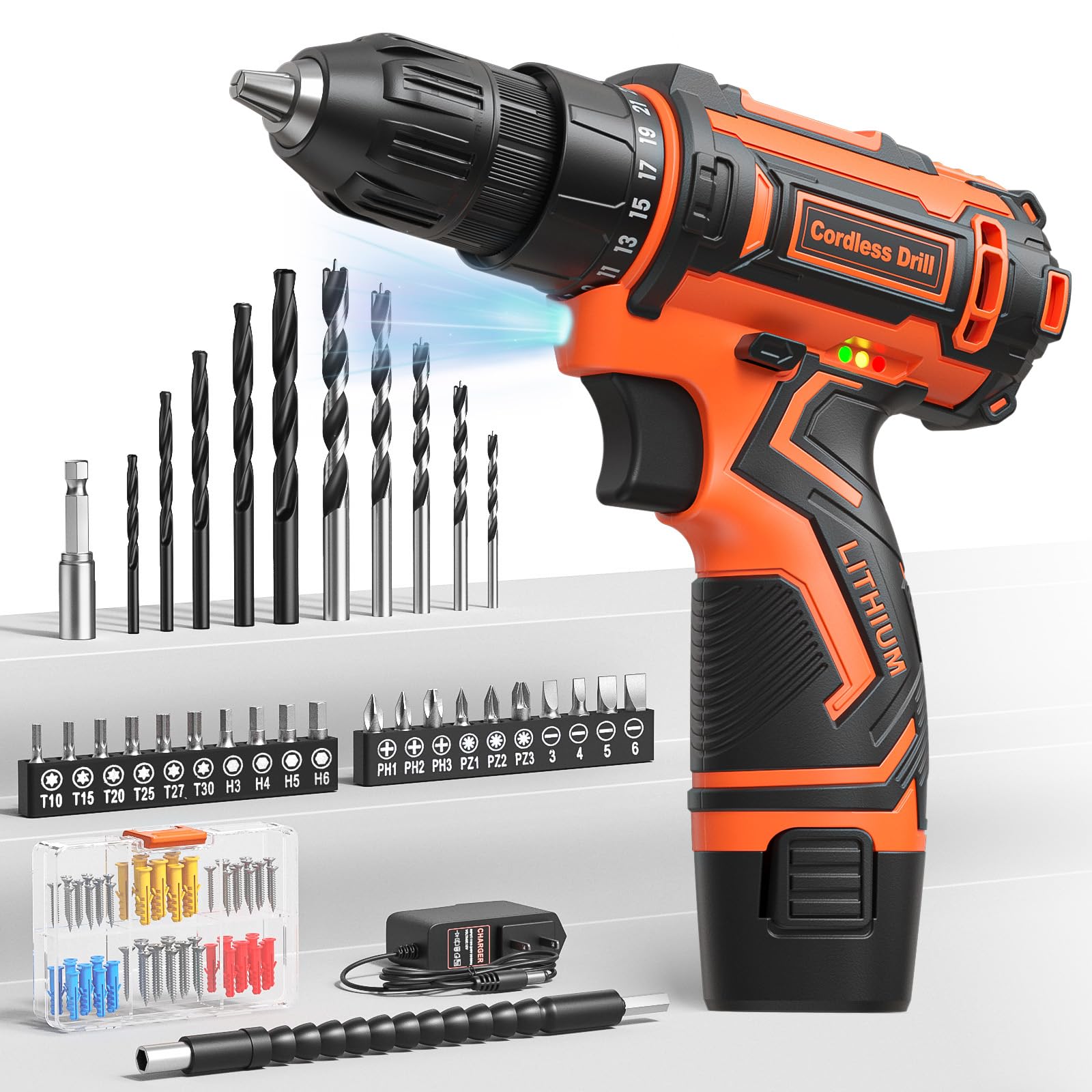 Cordless Drill Set,12V Power Drill Driver 3/8" Keyless Chuck with 92 Acessories, Built-in LED Light, 25+1 Position, Electric Drill for Home DIY Projects (Orange)