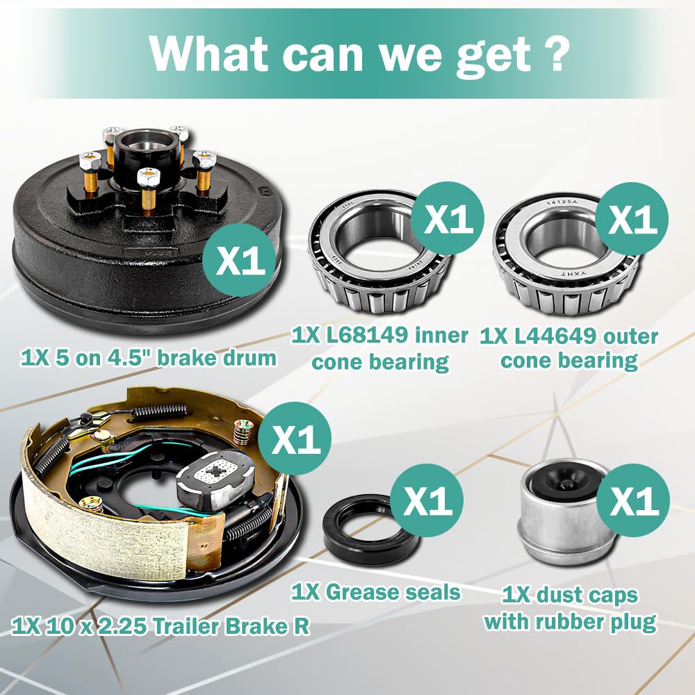 Piasty do przyczep z hamulcami elektrycznymi 5 na 11.4 cm B.C. z hamulcem elektrycznym 25.4 cm x 5.1-0.6 cm Prawa strona do osi 1,587.6 kg Heavy Duty Trailer Hub Drum Brake Kit
