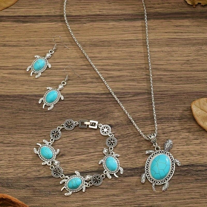 ONLYJUMP Vintage Turtle Necklace Pendant Cute Animal Sea Tortoise Turquoise Earrings Hook Hollow Circle Flower Bracelet for Women Boho Jewelry Set - Image 3