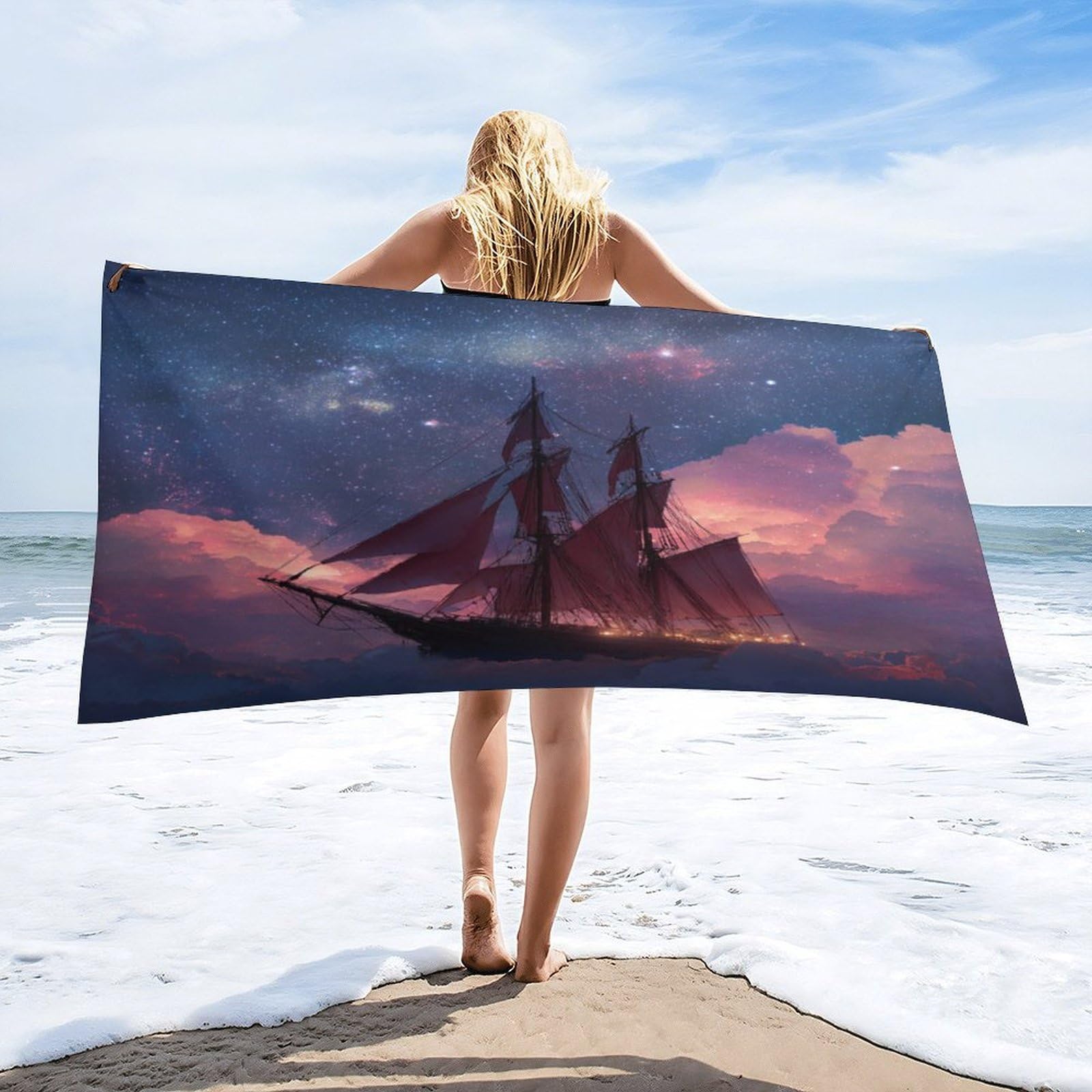 Luyysky Classic Abstract Pirate Ship Quick-Drying Beach Towel, Funny Oil Painting Starry Sky Galaxy Cloud Pattern Travel Vacation Single Sided Pile Bathroom Towels-80 W Cm X 160" L Cm