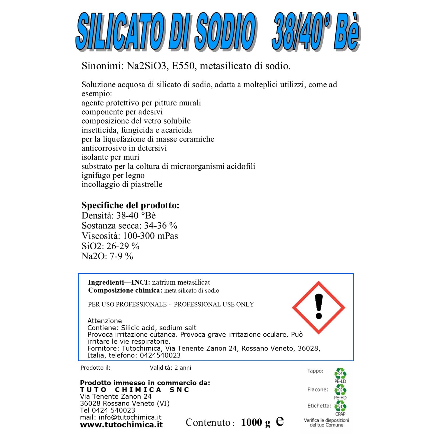 Silicato di sodio 38/40 be 1 kg