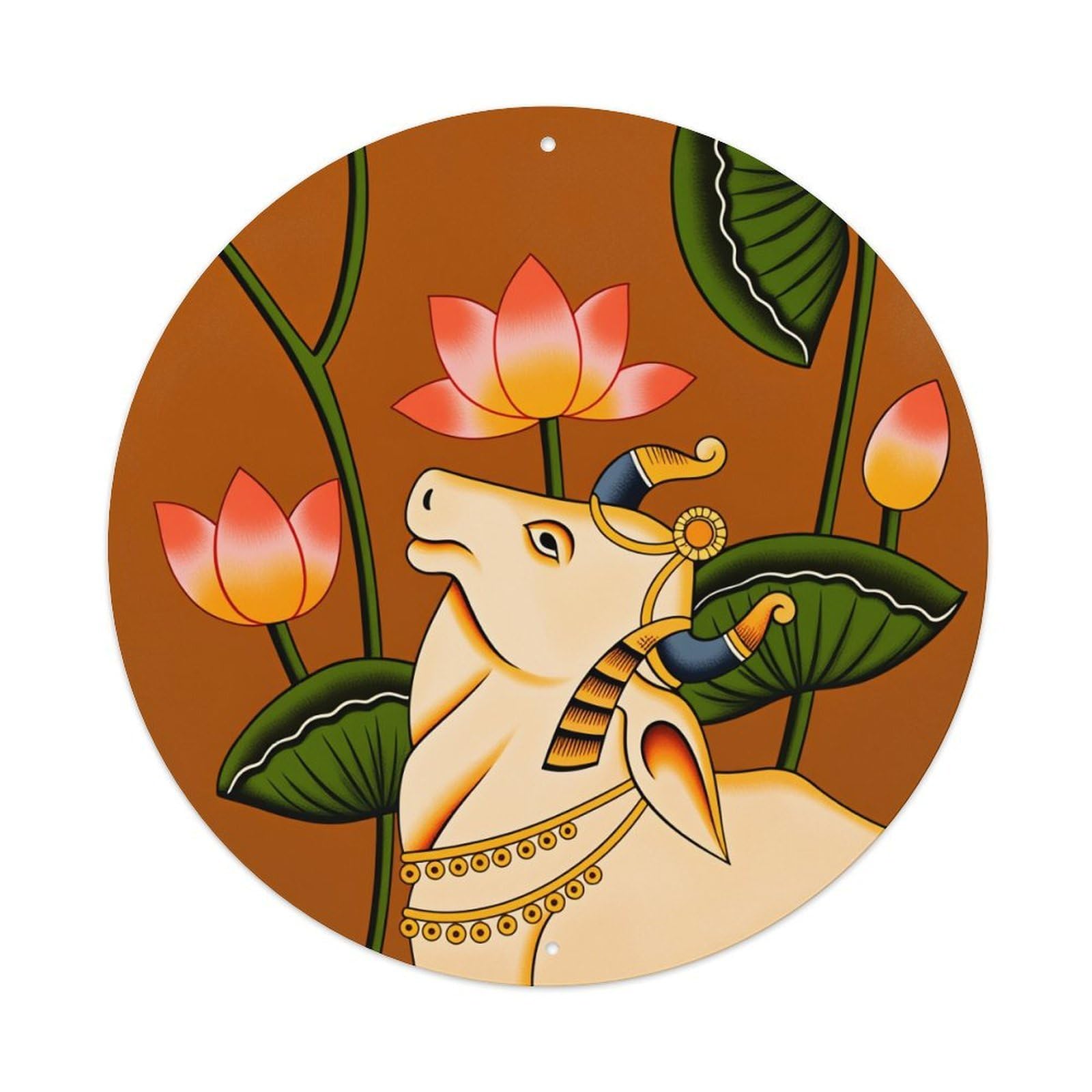 Cow Lotus Flower Green Leaves Round Tin Sign Vintage Style Metal Sign Home Bar Garden Wall Plaque Decor Metal Poster 8x8 Inch