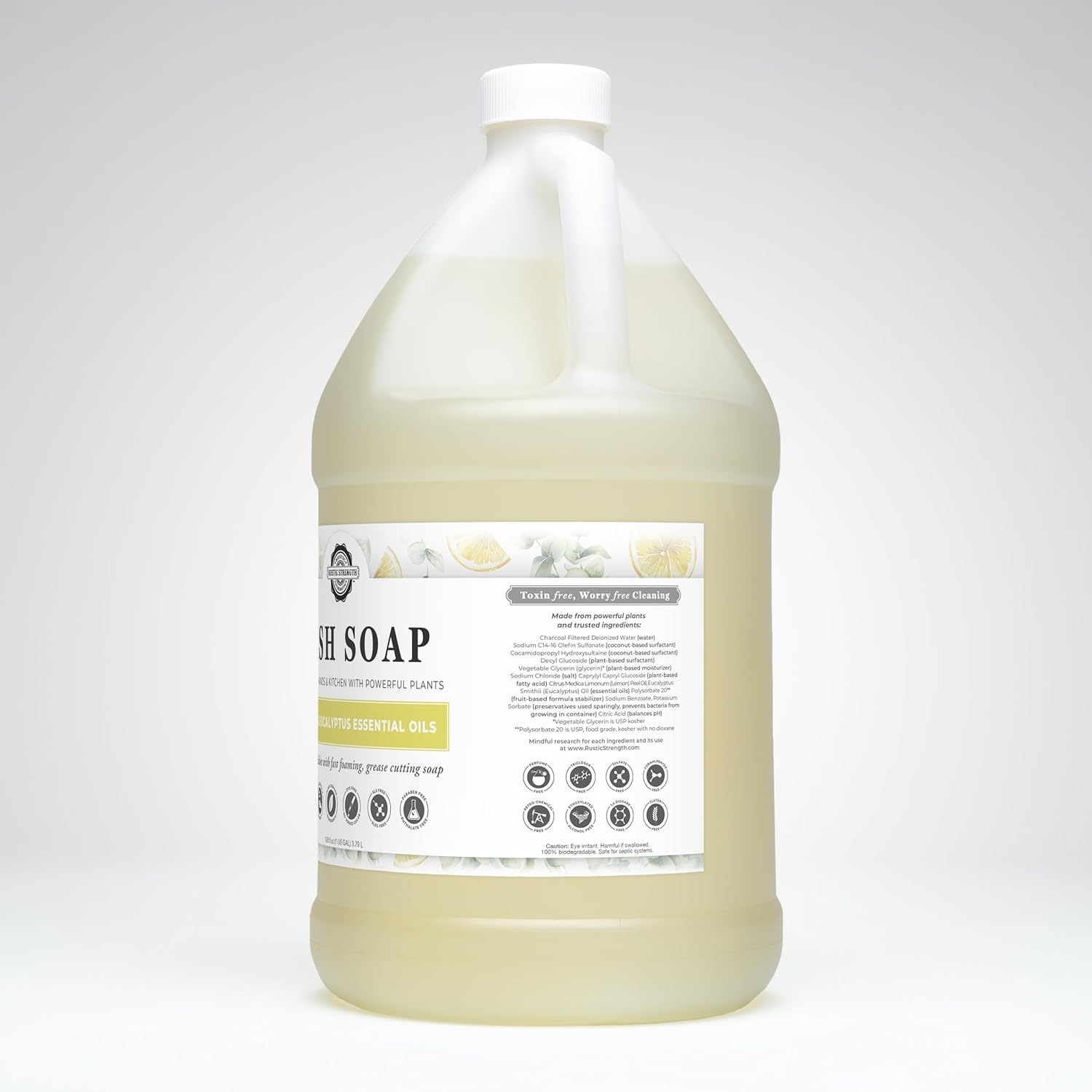 Rustic Strength Natural Dish Soap, Lemon & Eucalyptus, High-Lathering, Concentrated, Biodegradable, Plant-Based Formula, 1 Gallon Plastic