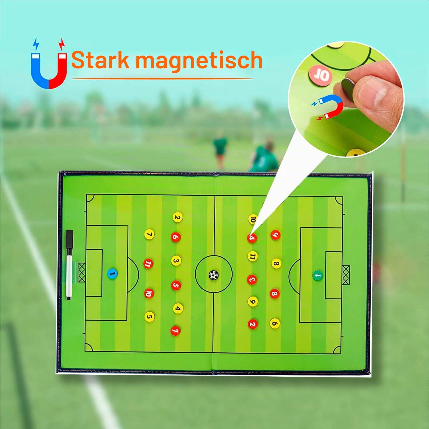 CREADY Taktiktafel Fußball, Taktikboard Fussball, Trainermappe Fußball, Taktikmappe Fußball mit Zubehör, inklusive magnetischer Chips und Zubehör zum Beschriften der Tafel.