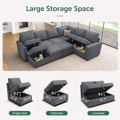 Miniatura 4 de HONBAY Sofá modular modular con cama extraíble, sofá cama de felpilla con asientos de almacenamiento, otomano, sofás seccionales en forma de U para