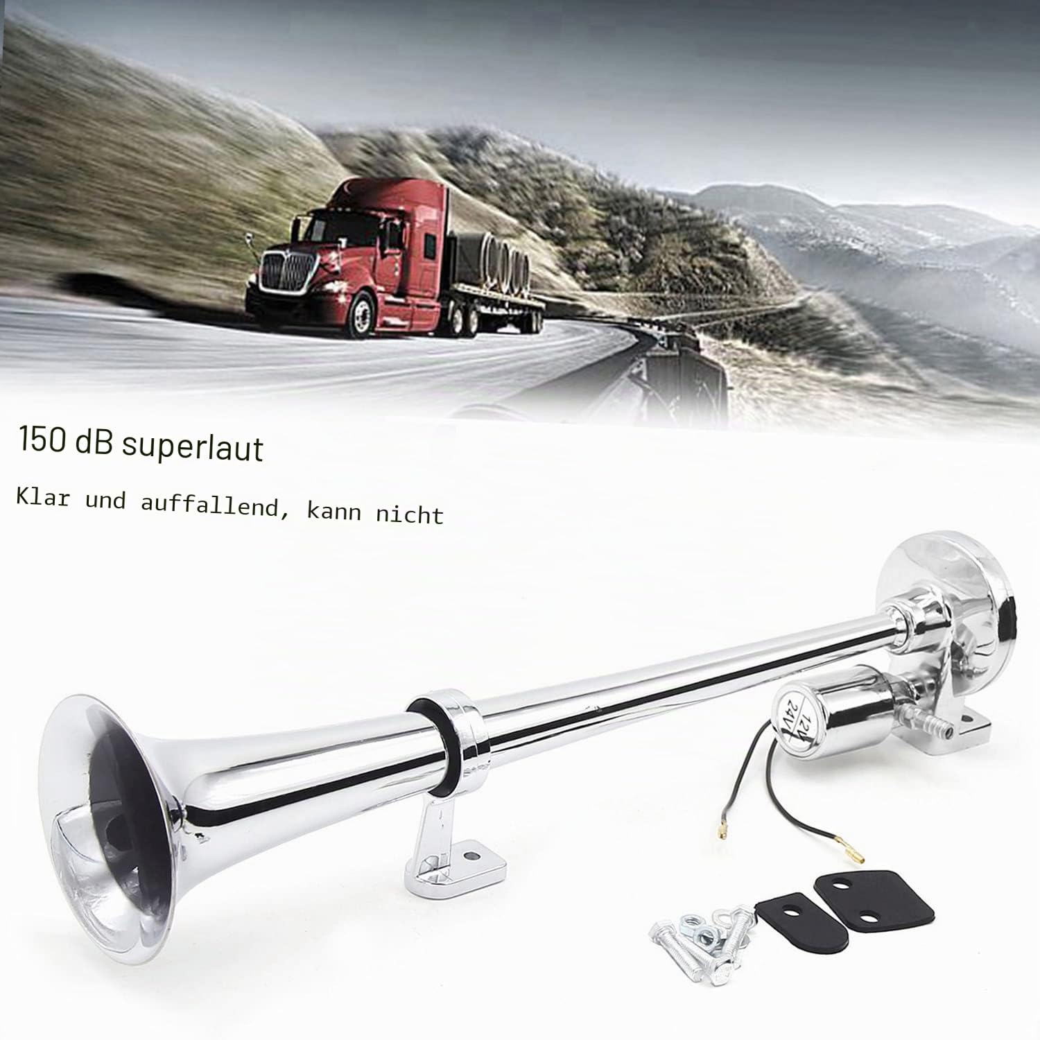 Goolsky Elektrische Hupe, Trompete 150dB 12V / 24V Universal, Verchromtes Lufthorn-Lautsprecher-Kit für LKW, Zug