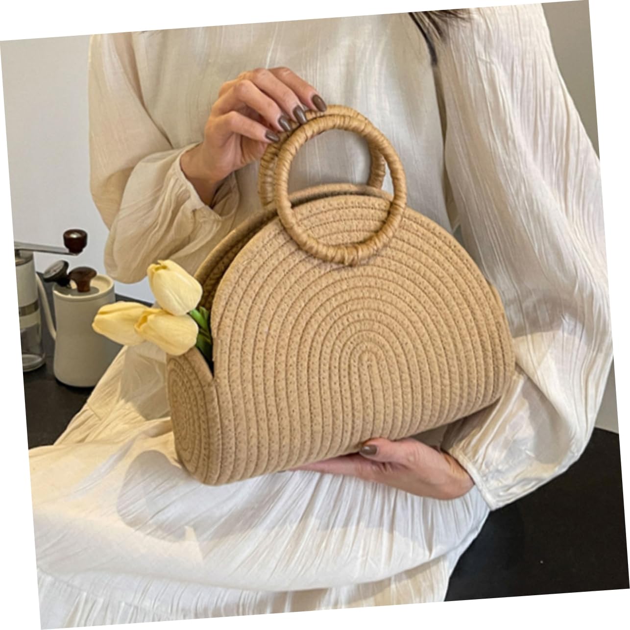 VANZACK Borsa e Design Delicato Intrecciata Grande Capacità in Corda di Cotone Struttura Rustica e Spiaggia