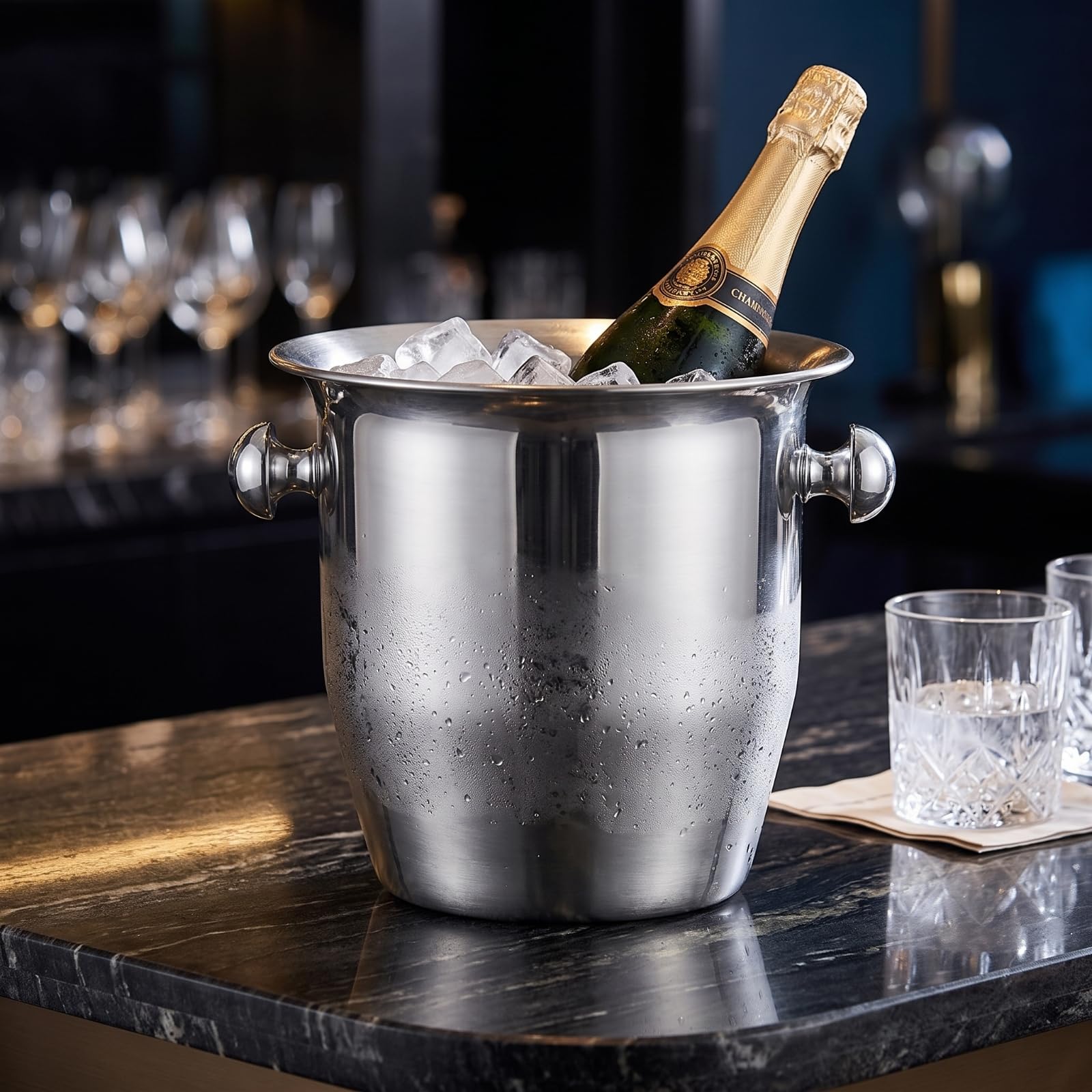 Secchiello Ghiaccio Commerciale Vino Birra Champagna in Acciaio Inox con Ampio Bordo Svasato per Servizio Elegante, Piccolo, Argento, Secchiello Per Ghiaccio A Tromba, Piccolo, Argento