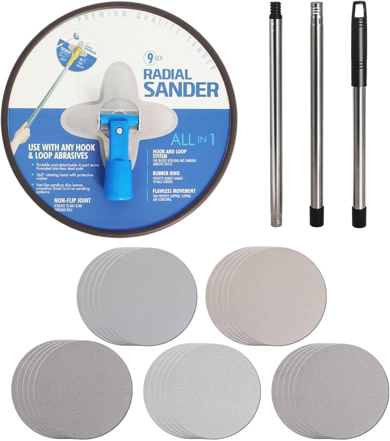 Gekufa - Lijadora de poste de yeso de 9 pulgadas con cabezal giratorio de 360°, barra de extensión ajustable de 45 pulgadas para preparación de pintura de pared, incluye 25 hojas de lijado (grano 80