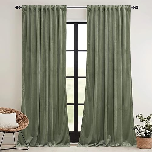 RYB HOME Sage Green Velvet Curtains 84 inch, Room Darkening Super Soft Velvet Drapes for Living Room Thermal Insulated Pleat Tapes Window Treatment for Bedroom Playroom, W52 x L84 inch, 2 Panels