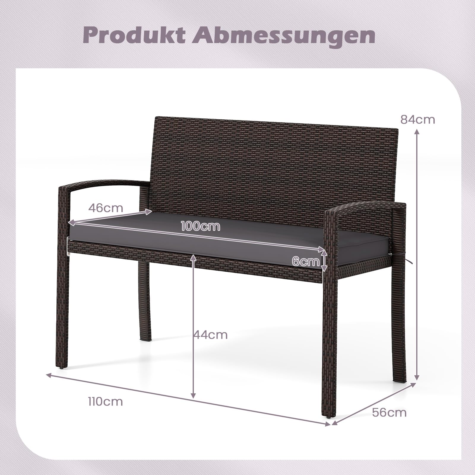 COSTWAY Polyrattan Gartenbank mit Sitzkissen, Balkonbank wetterfest, 2-Sitzer Rattan Sitzbank bis 360 kg belastbar, Terrassenbank für Garten, Balkon und Terrasse, 110 x 56 x 84 cm (Grau)